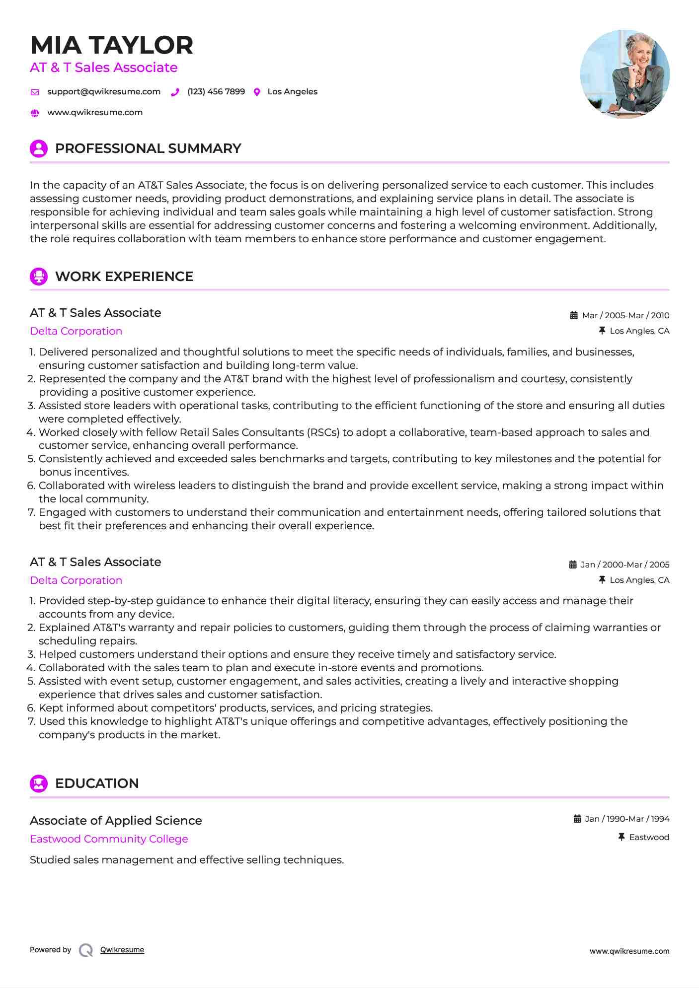 AT & T Sales Associate Resume Sample