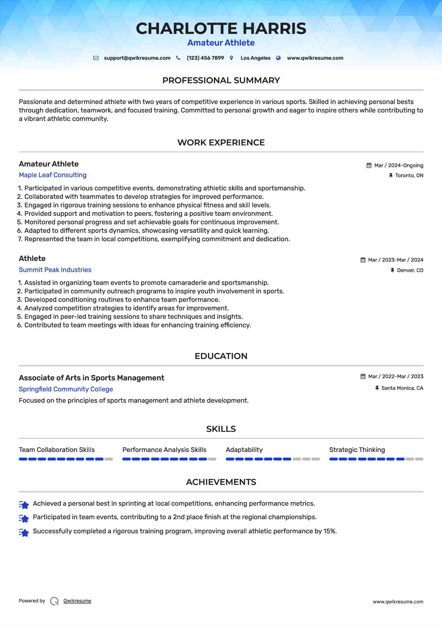 Amateur Athlete
 Resume Format