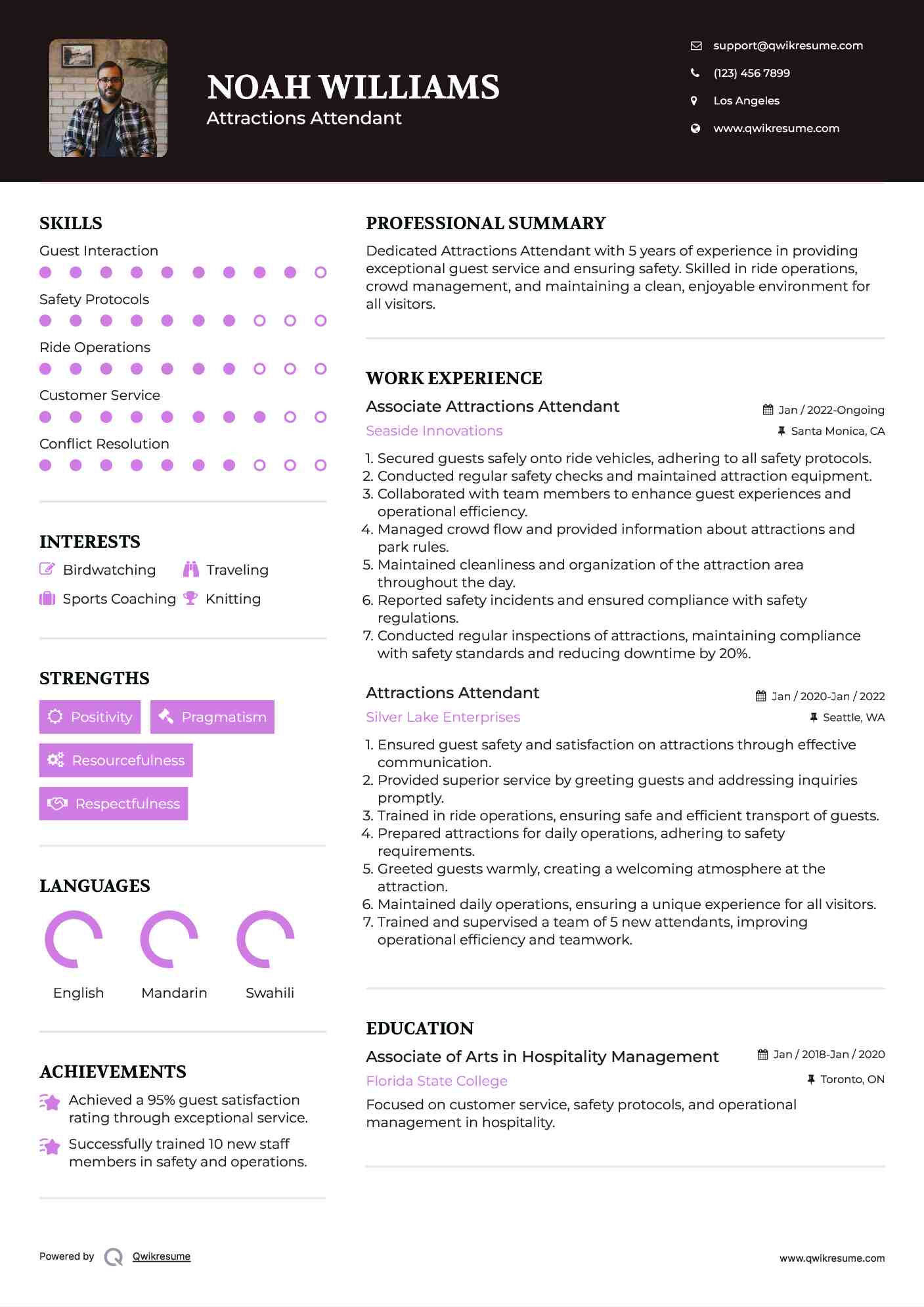 Associate Attractions Attendant Resume Model