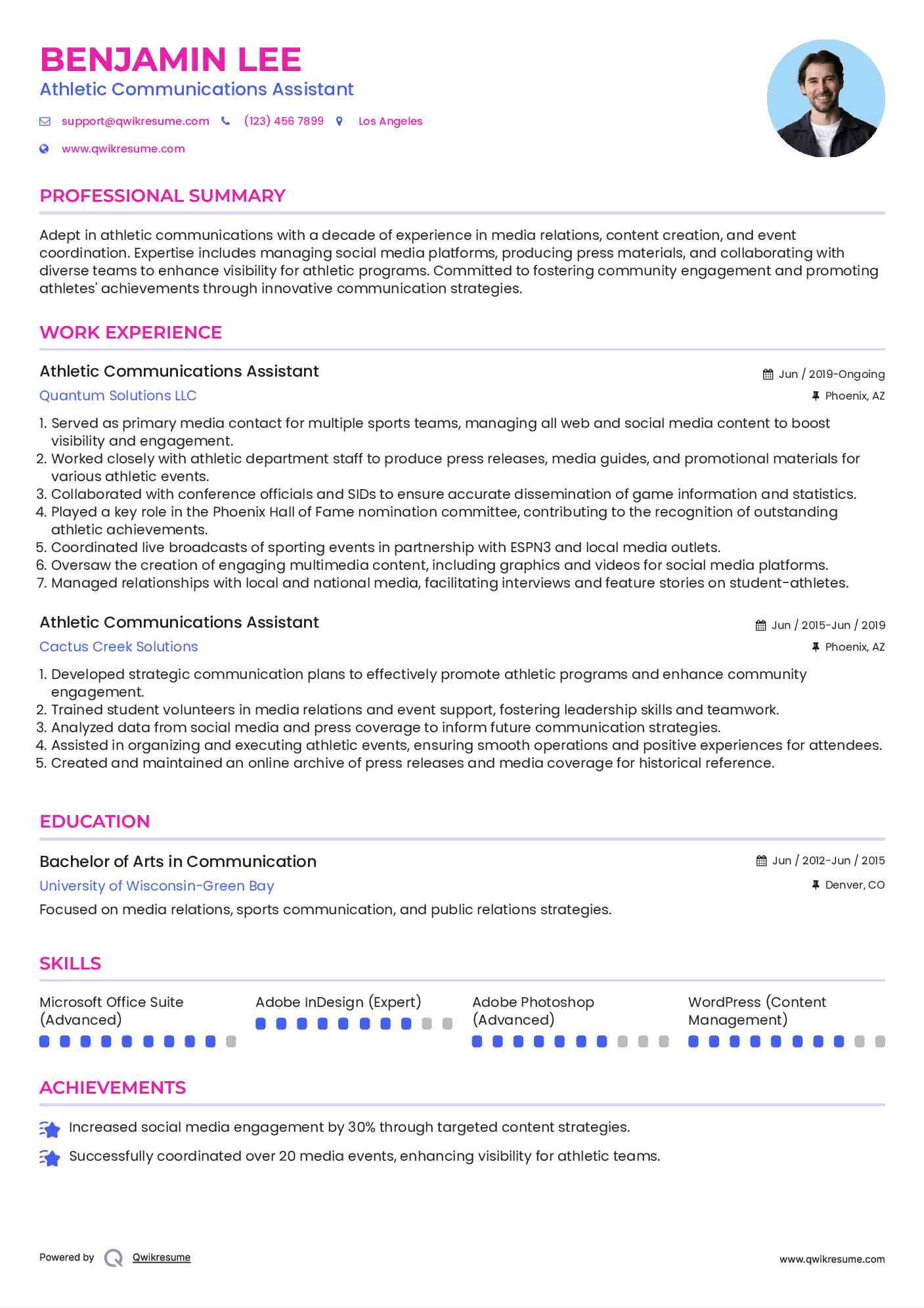 Athletic Communications Assistant Resume Sample