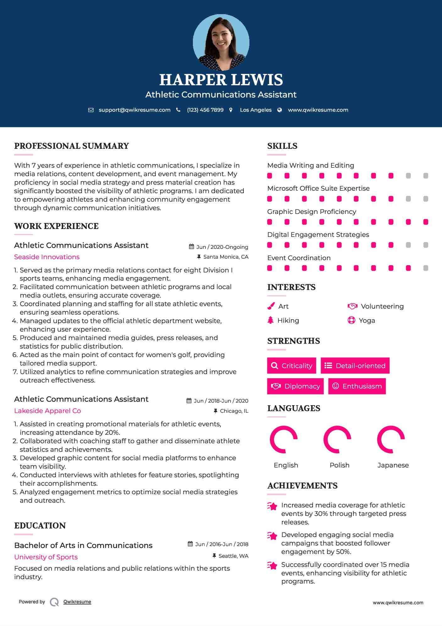 Athletic Communications Assistant Resume Sample