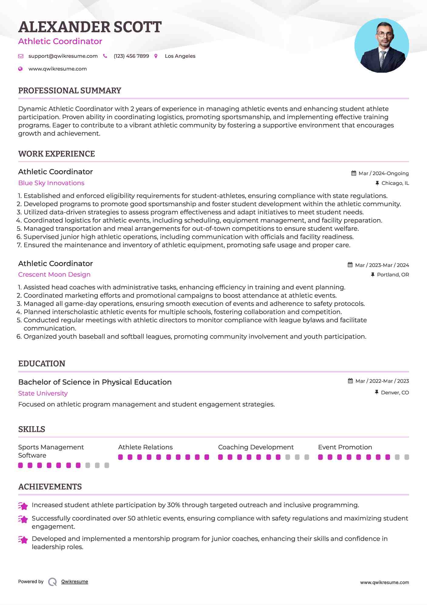 Athletic Coordinator Resume Example