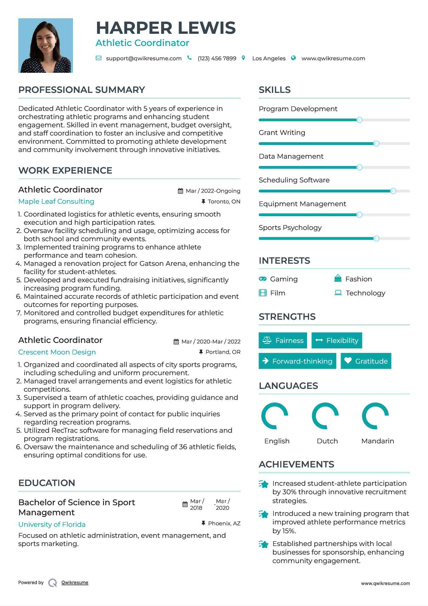 Athletic Coordinator Resume Example