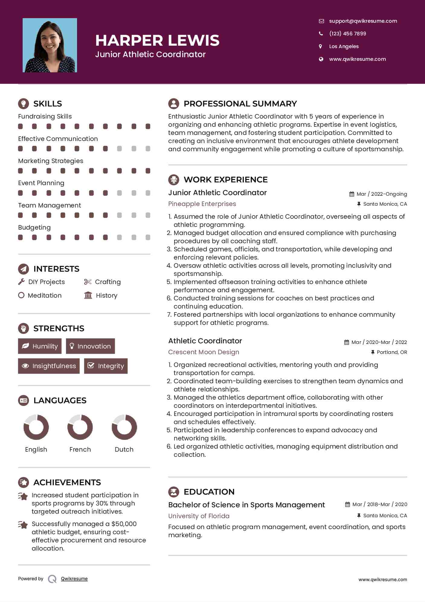 Junior Athletic Coordinator Resume Model