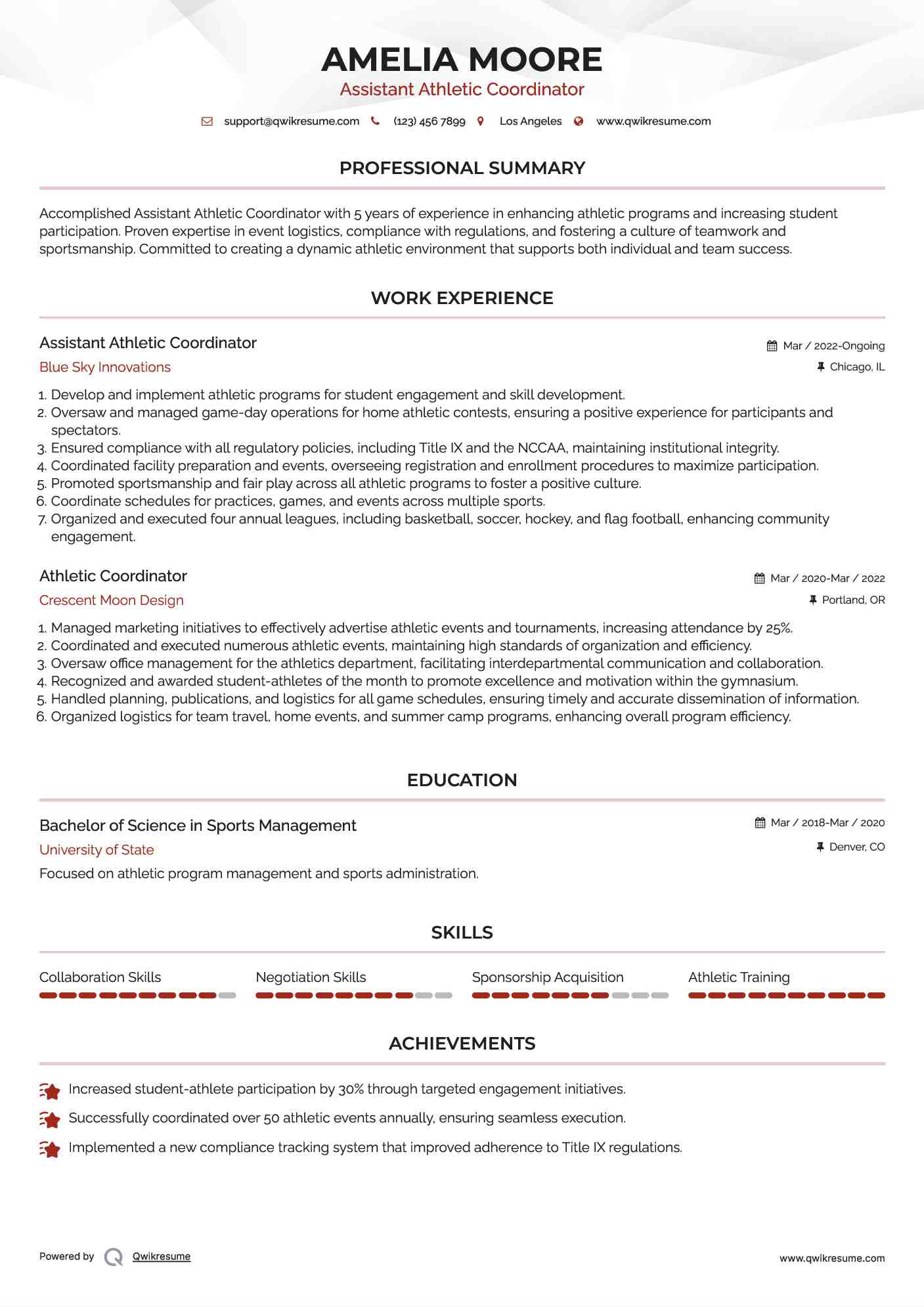 Assistant Athletic Coordinator Resume Format