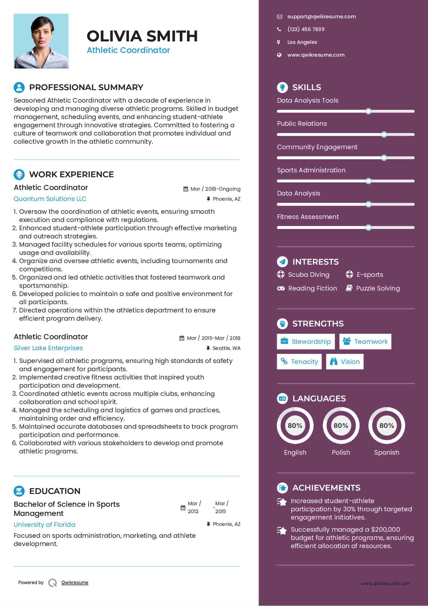 Athletic Coordinator Resume Sample