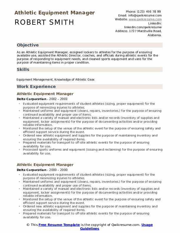 Athletic Equipment Manager Resume Samples QwikResume