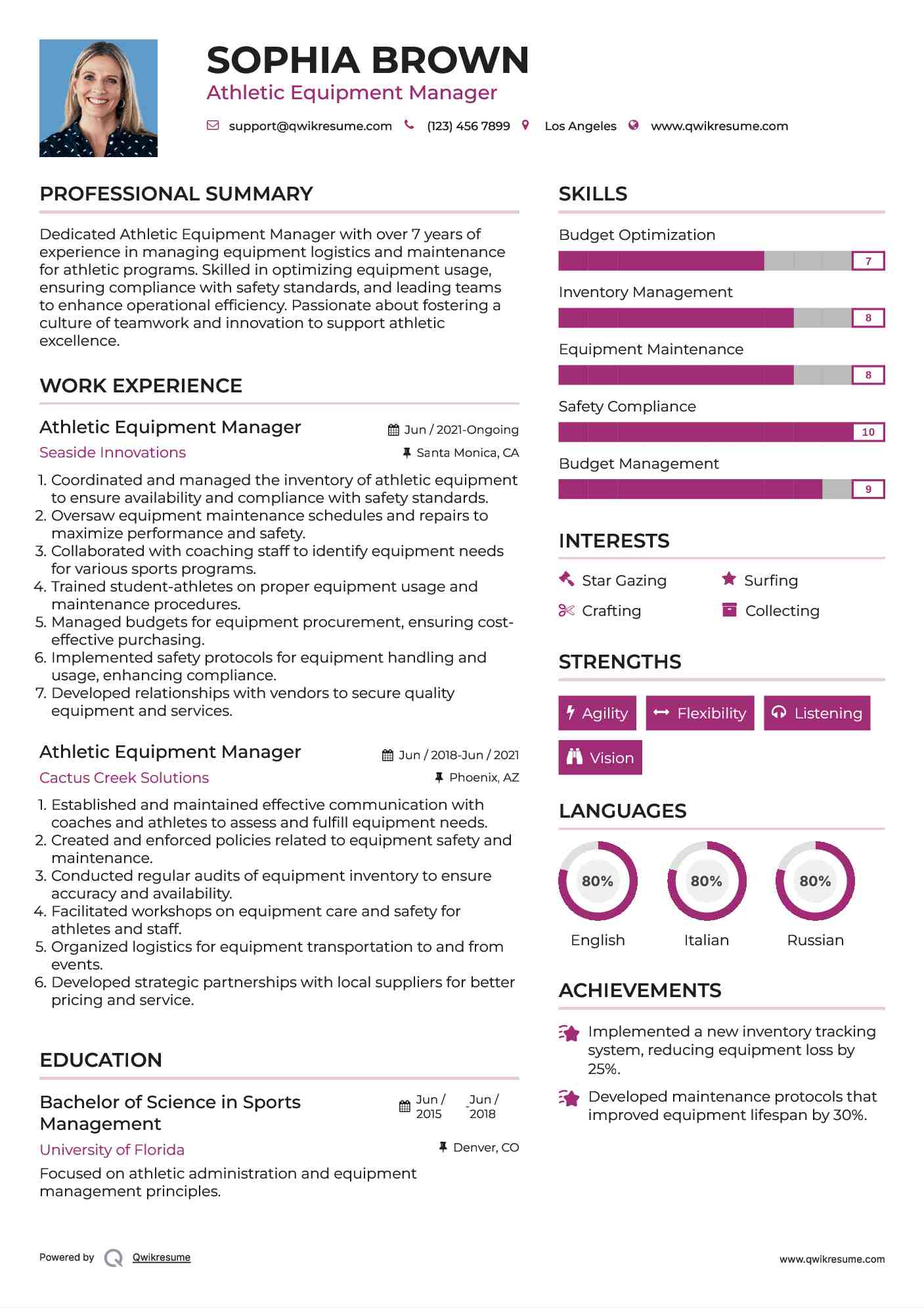 Athletic Equipment Manager Resume Example