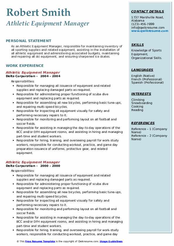 Athletic Equipment Manager Resume Samples QwikResume