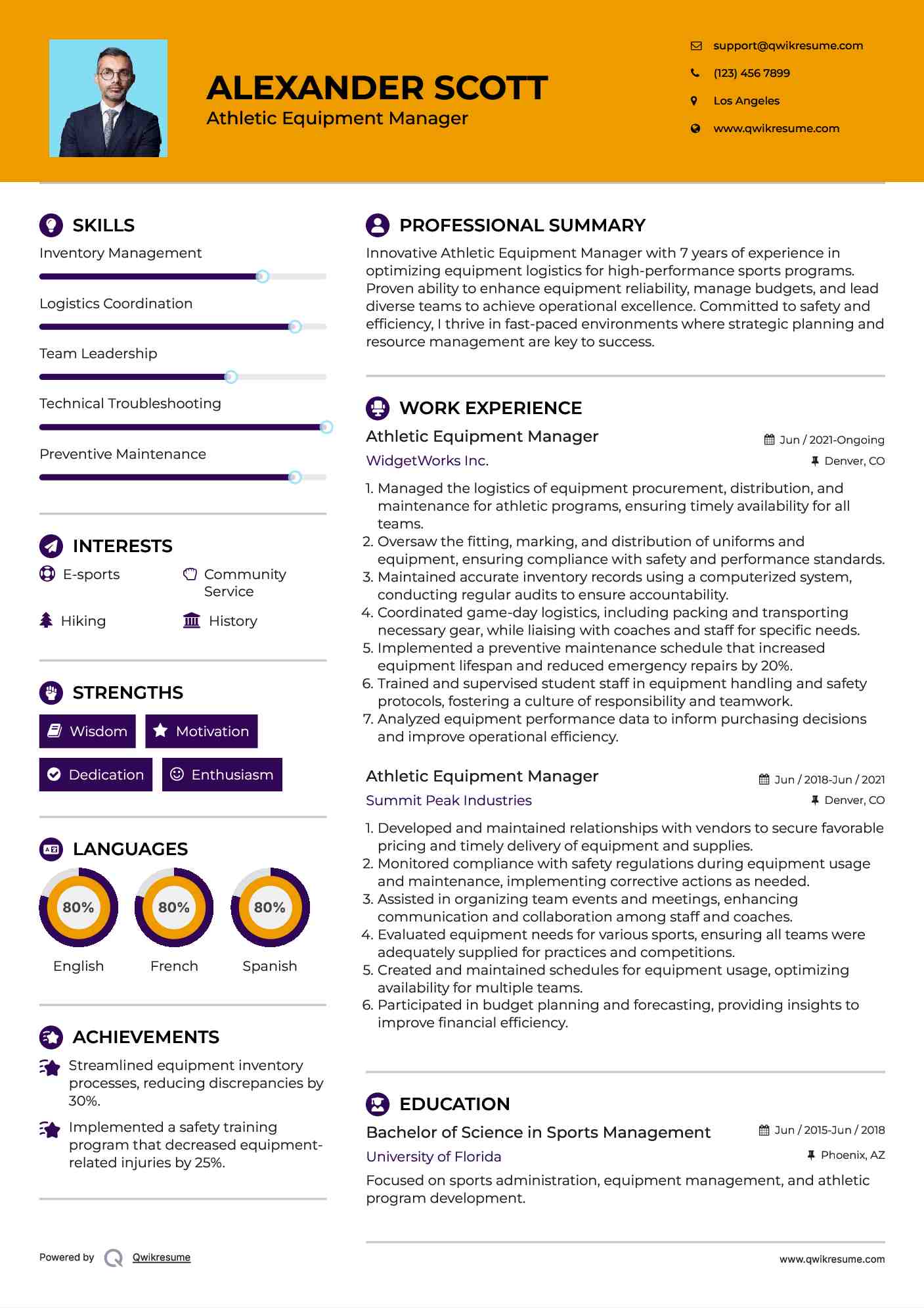 Athletic Equipment Manager Resume Example