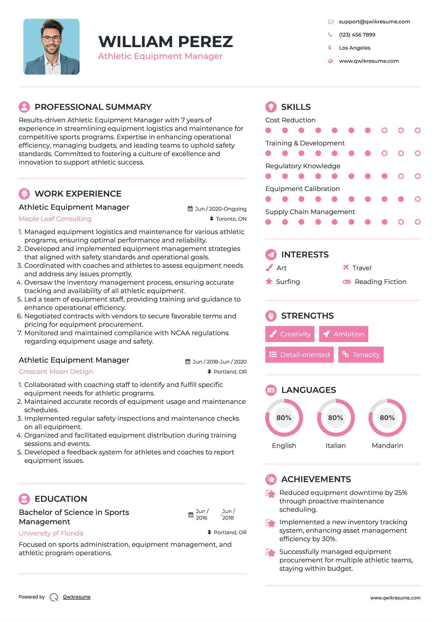 Athletic Equipment Manager Resume Model