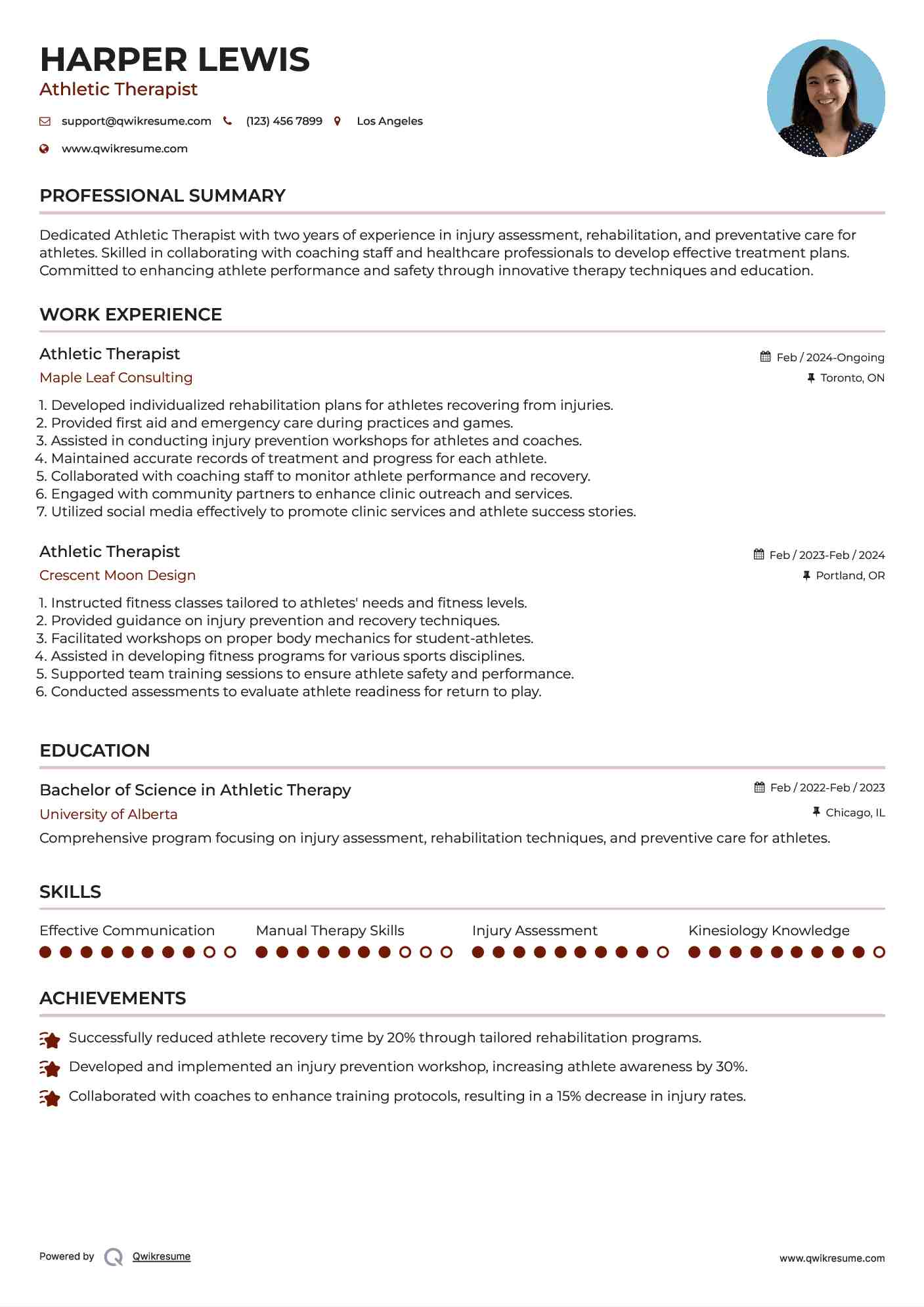 Athletic Therapist Resume Sample