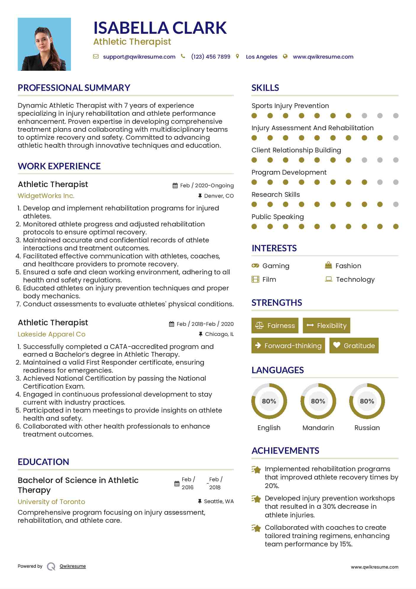 Athletic Therapist Resume Example