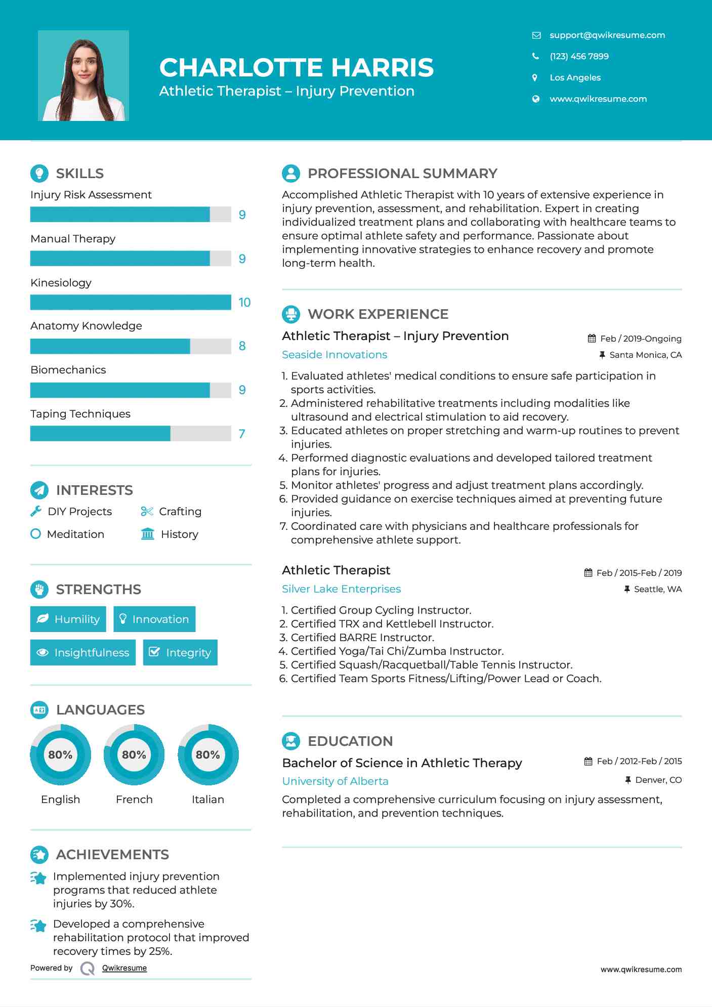 Athletic Therapist – Injury Prevention Resume Sample