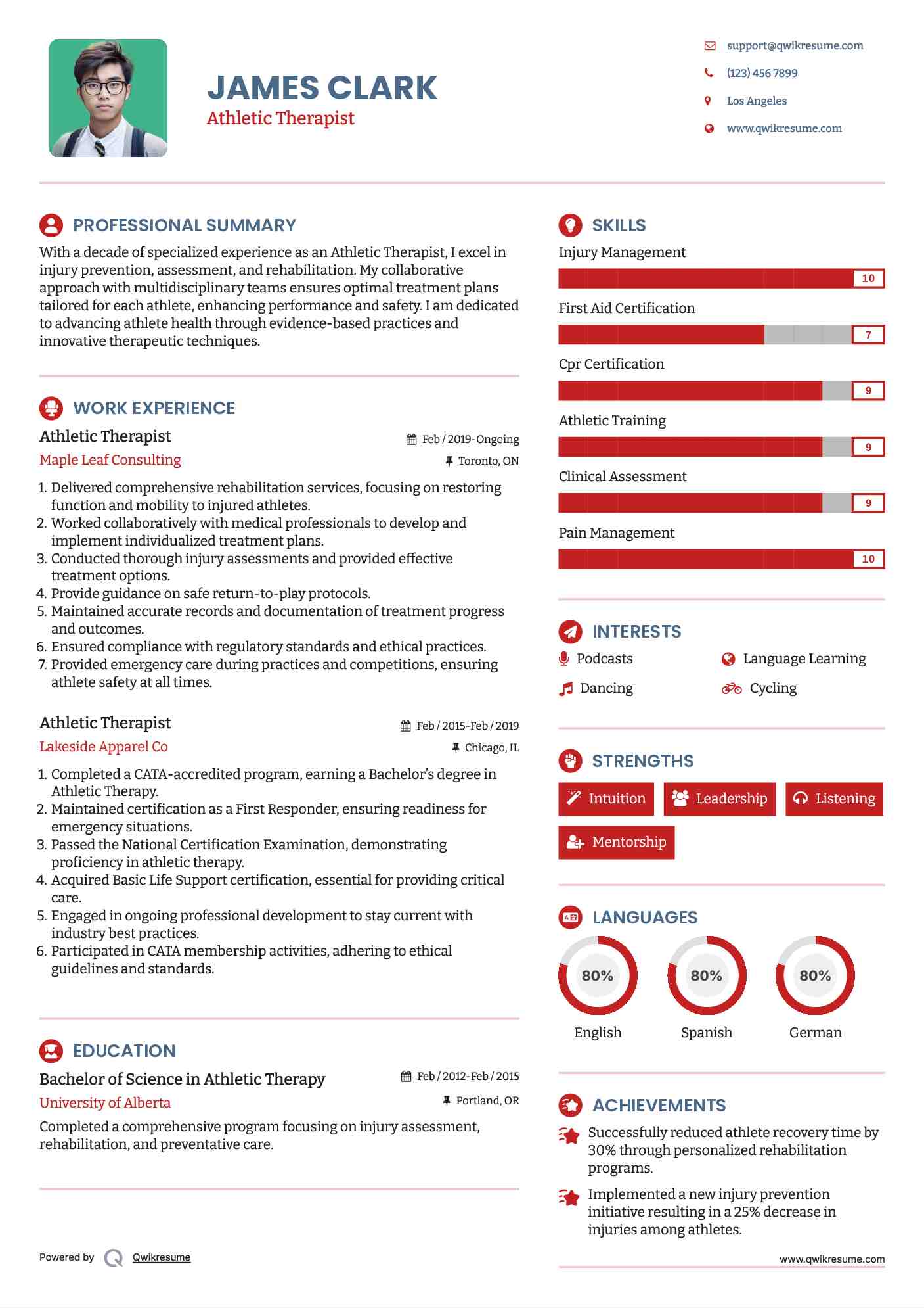 Athletic Therapist Resume Model
