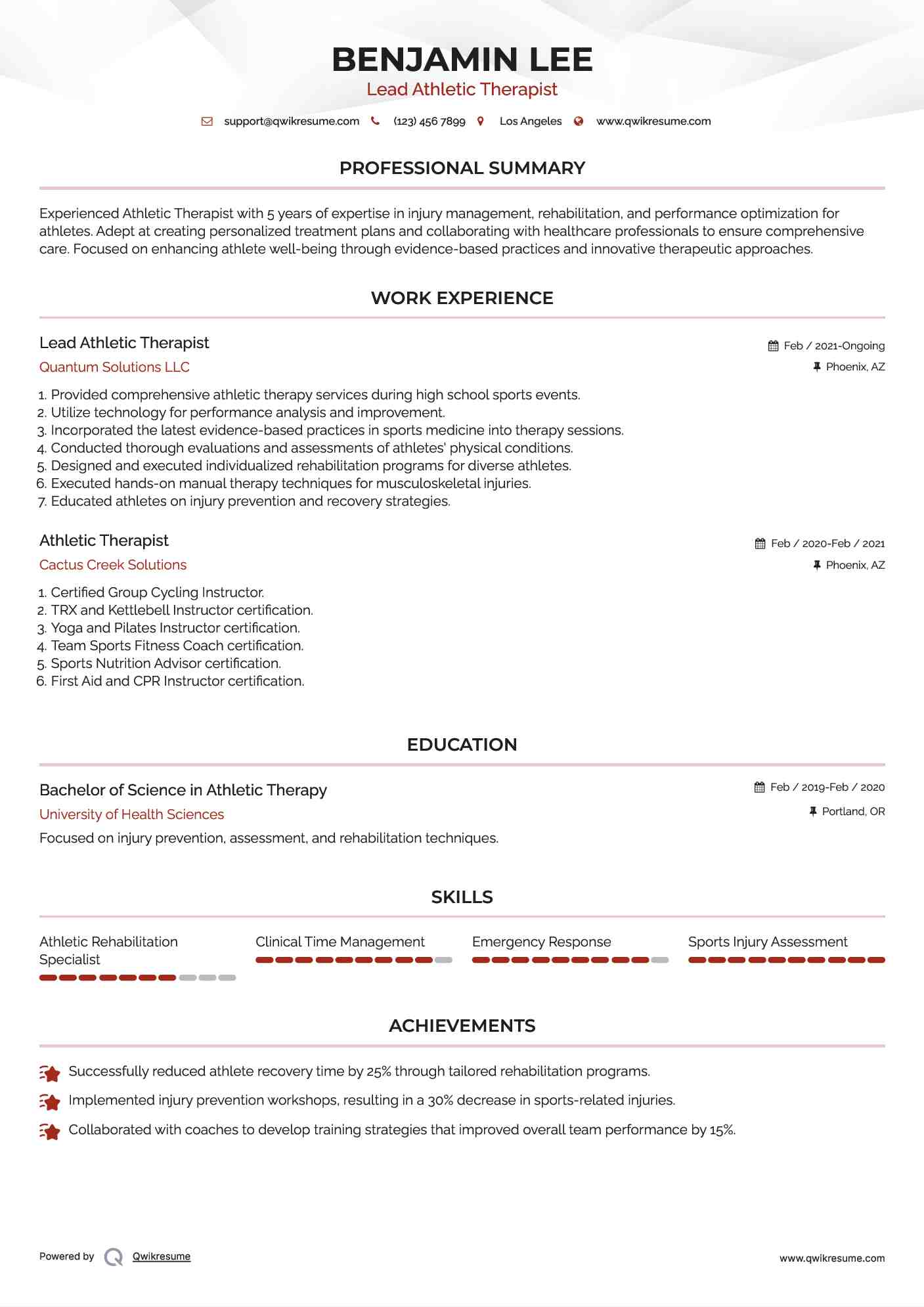 Lead Athletic Therapist Resume Format