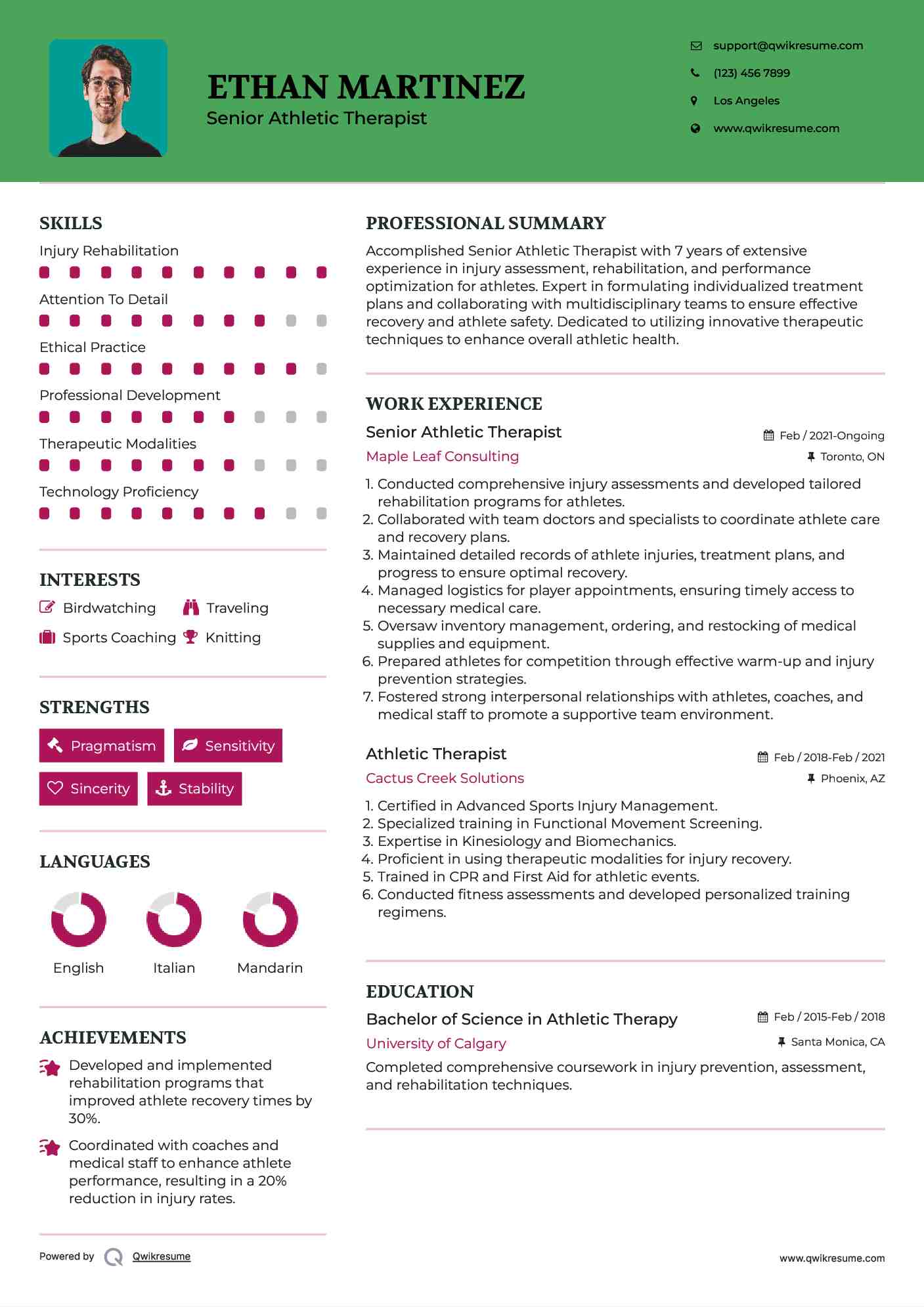 Senior Athletic Therapist Resume Template