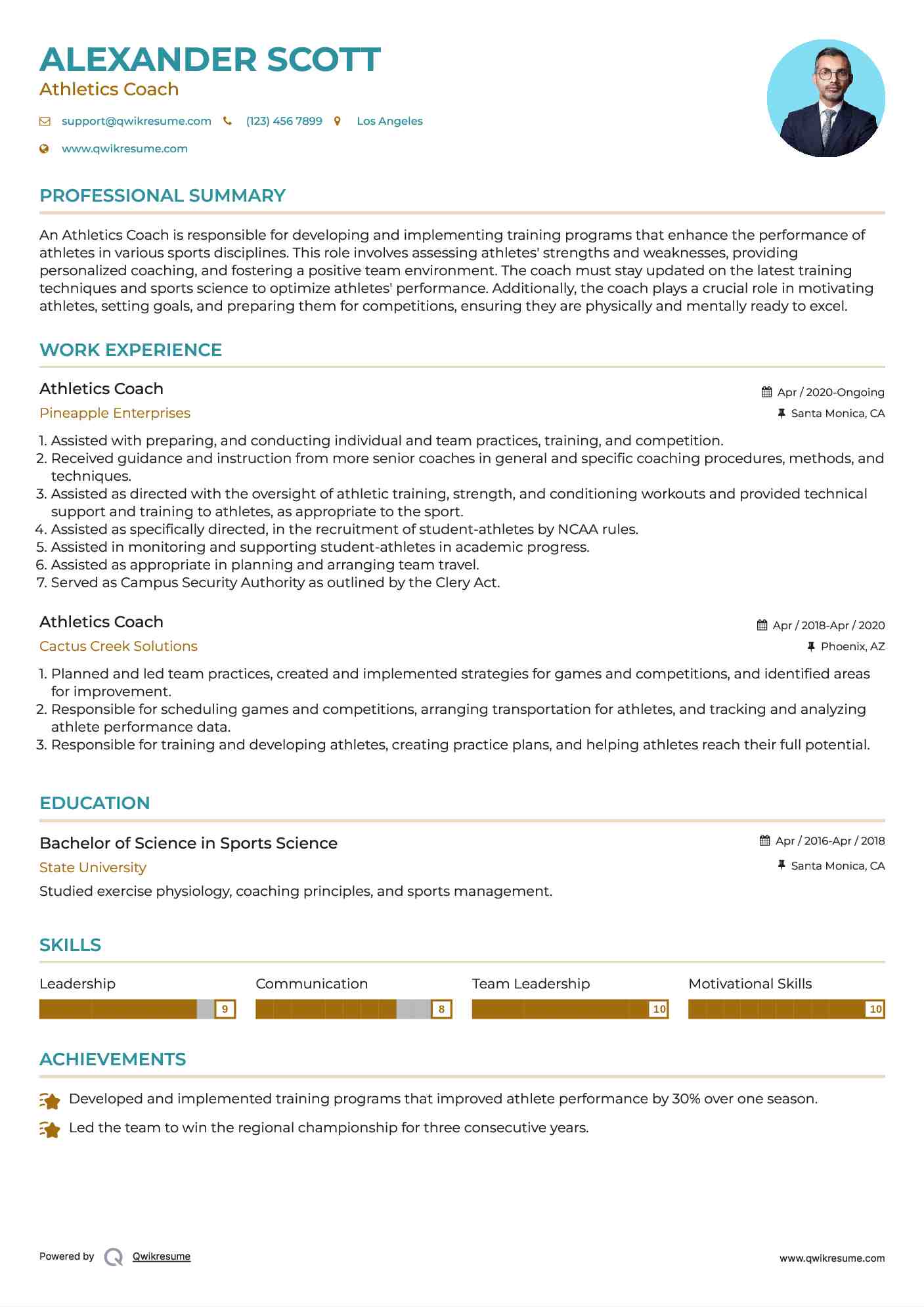 Athletics Coach Resume Example