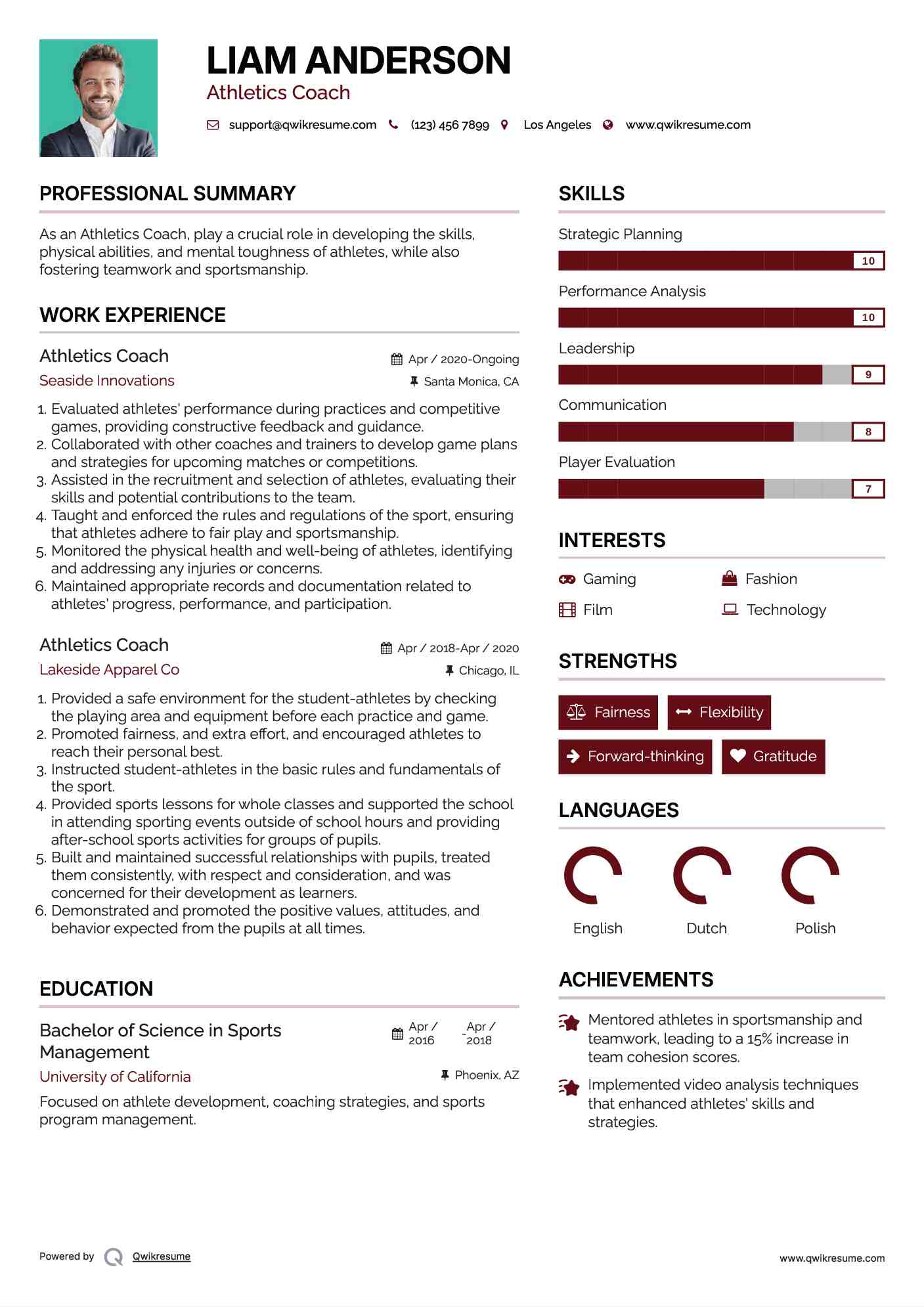 Athletics Coach Resume Sample