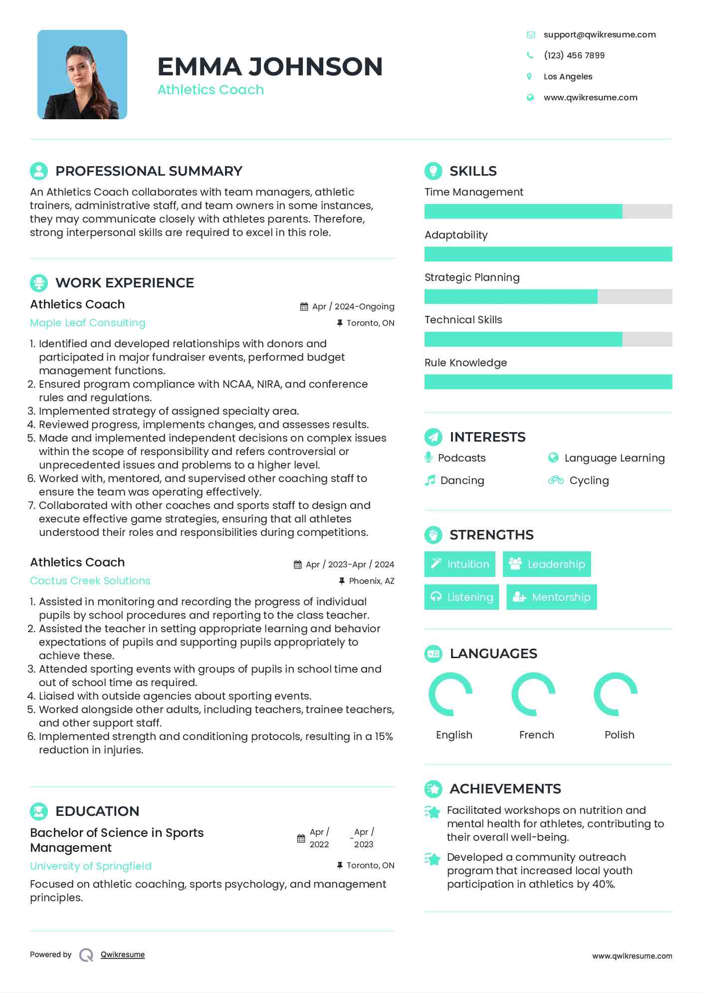 Athletics Coach Resume Format