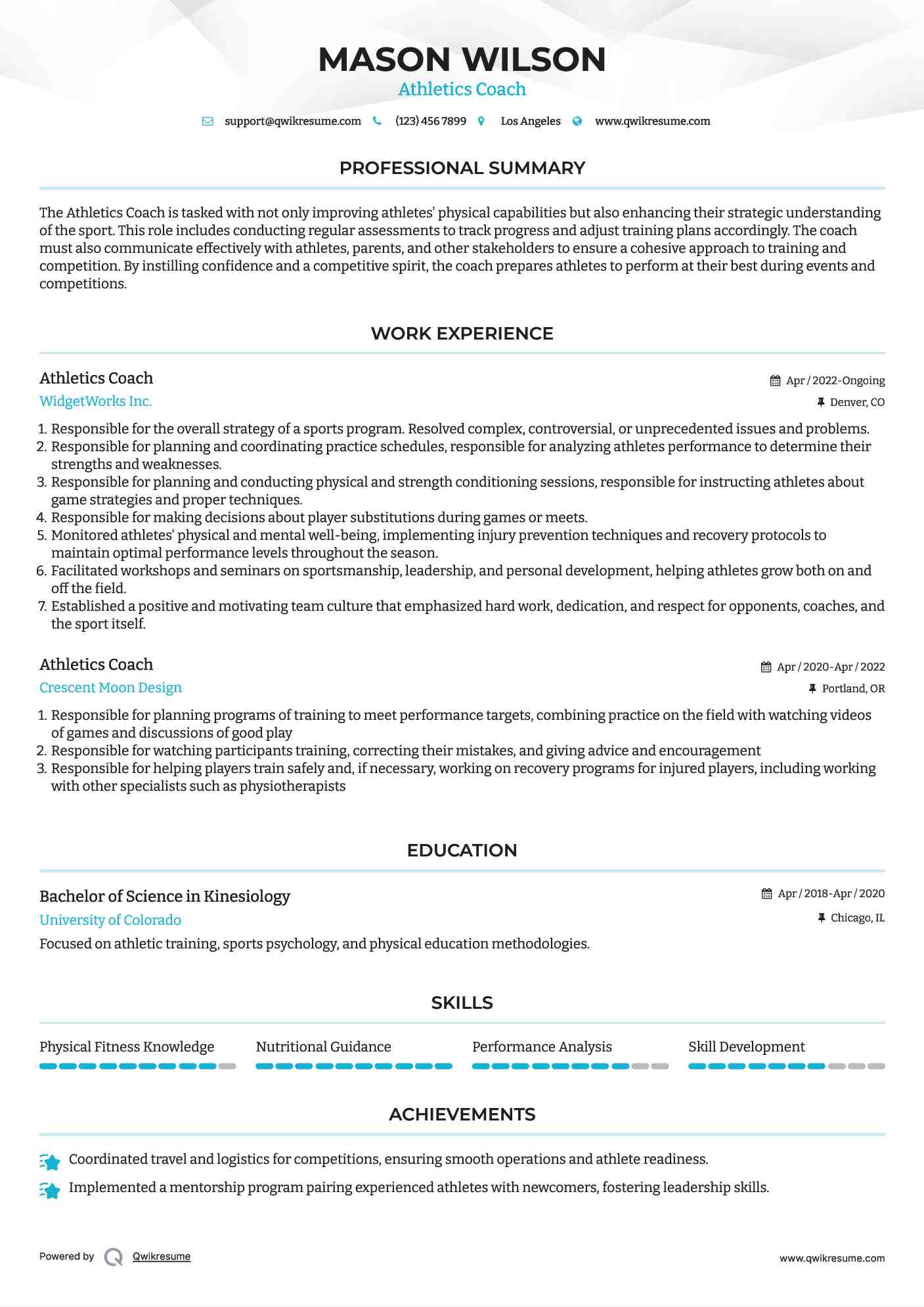 Athletics Coach Resume Example