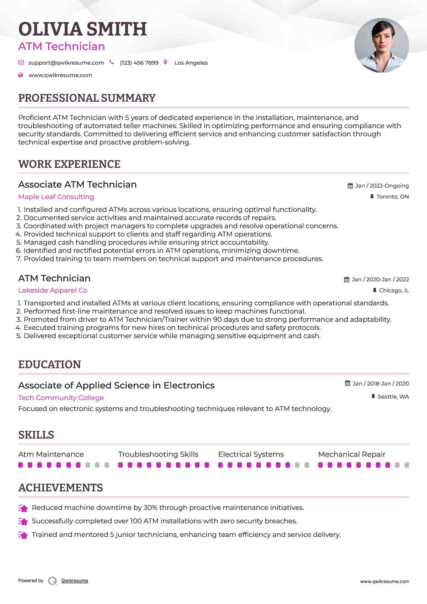 Associate ATM Technician Resume Sample