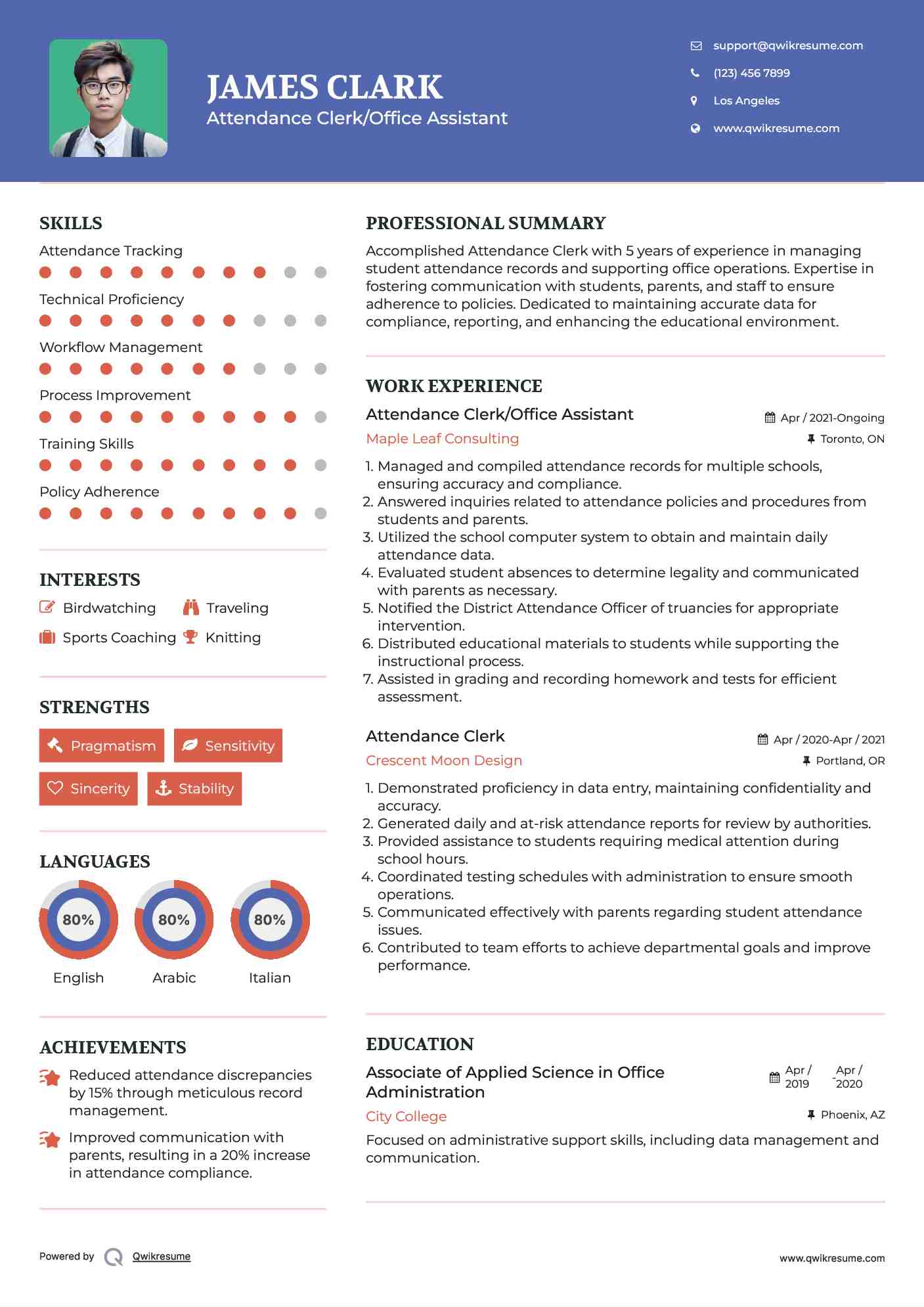 Attendance Clerk/Office Assistant Resume Sample