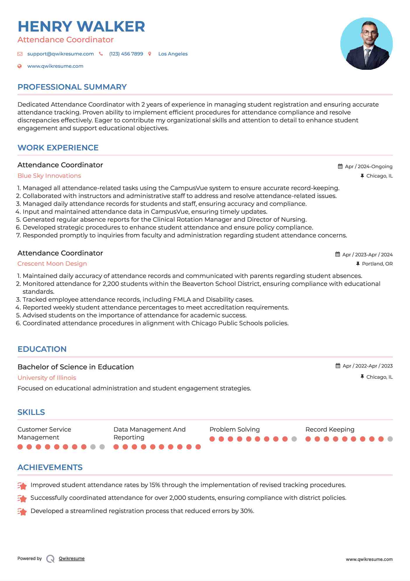 Attendance Coordinator Resume Sample