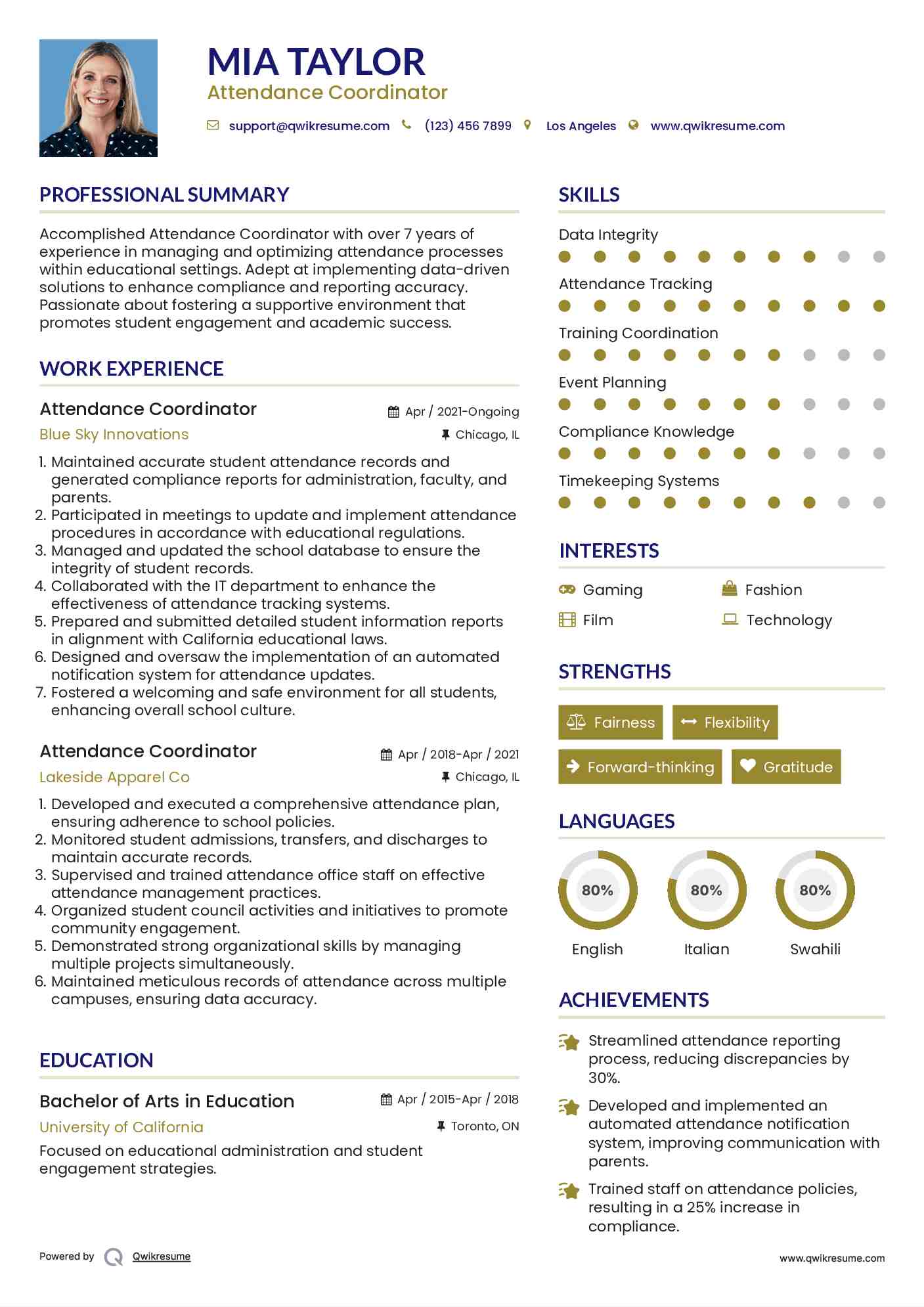 Attendance Coordinator Resume Example