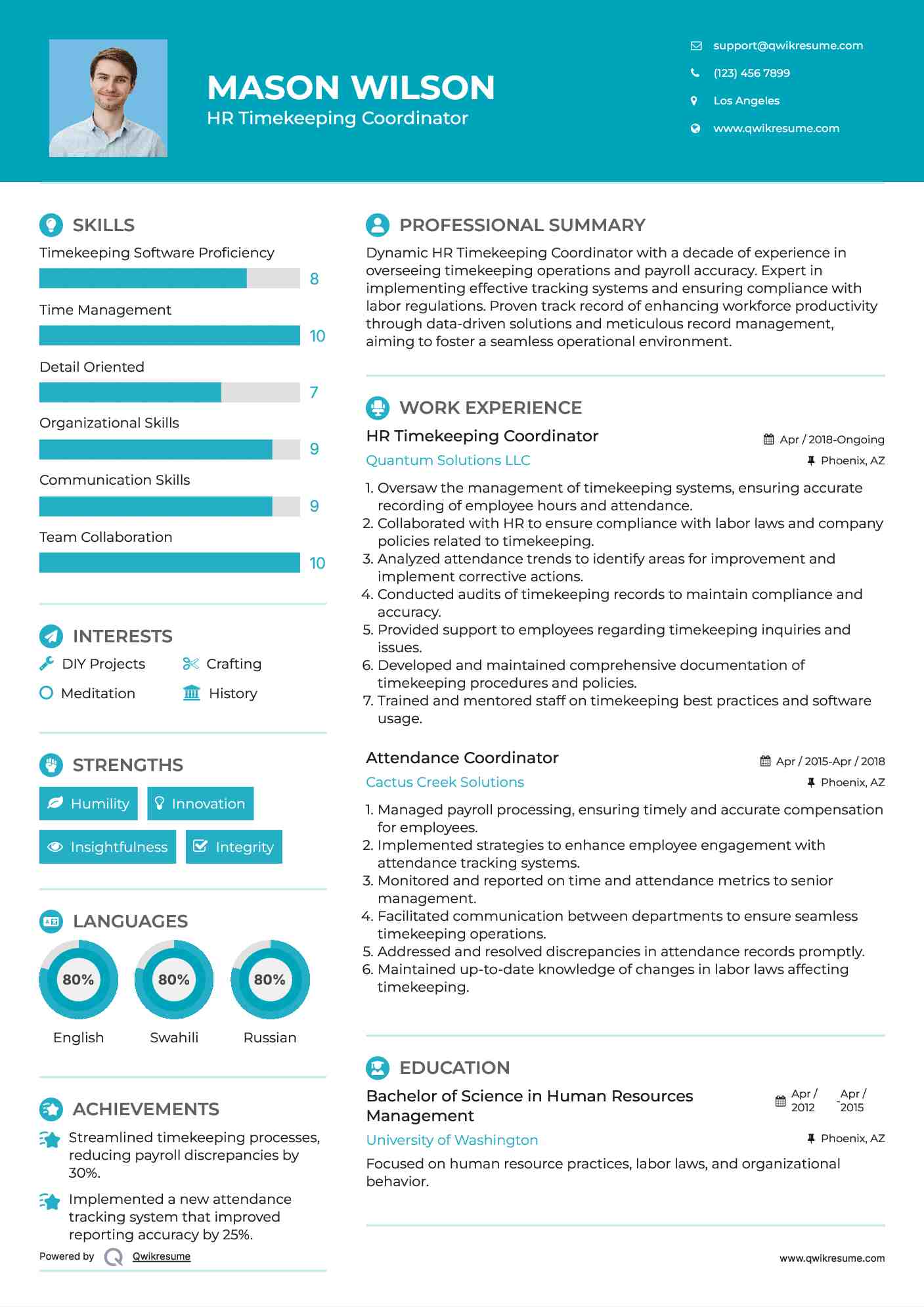 HR Timekeeping Coordinator Resume Model