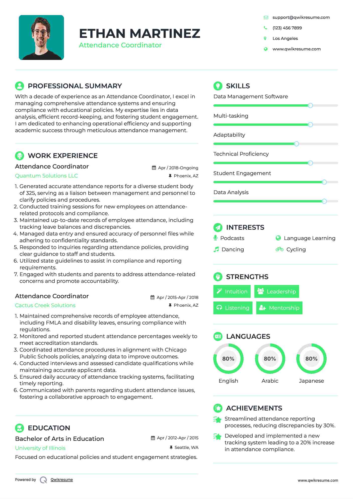 Attendance Coordinator Resume Sample