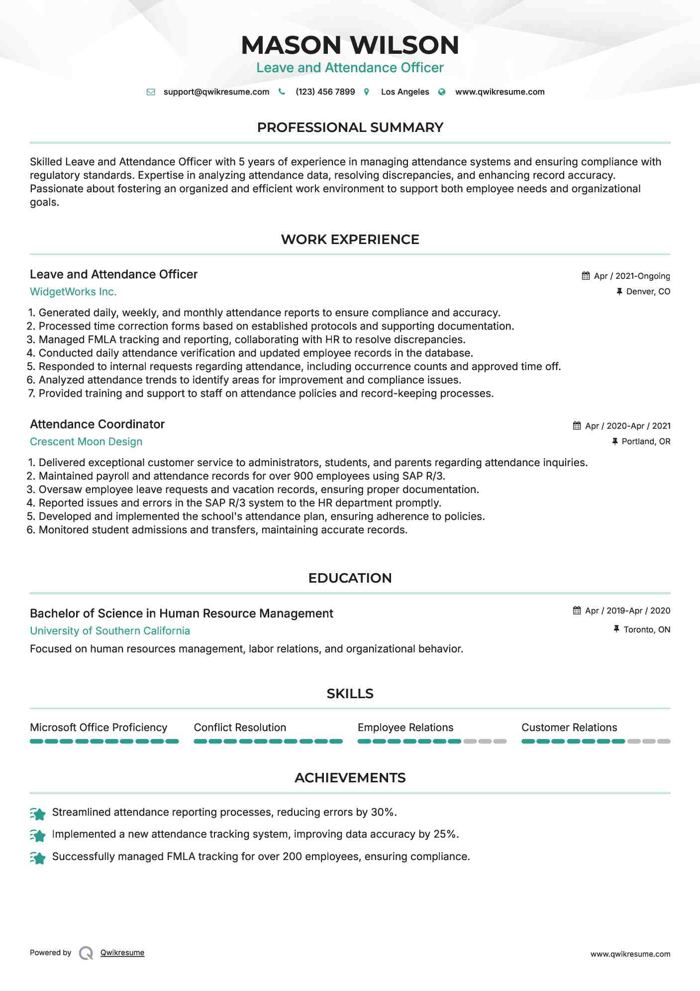 Leave and Attendance Officer Resume Template