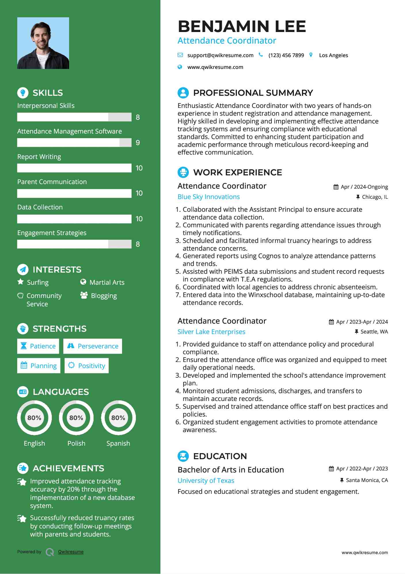 Attendance Coordinator Resume Example