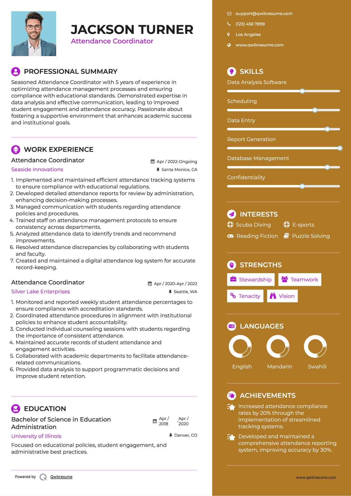 Attendance Coordinator Resume Template