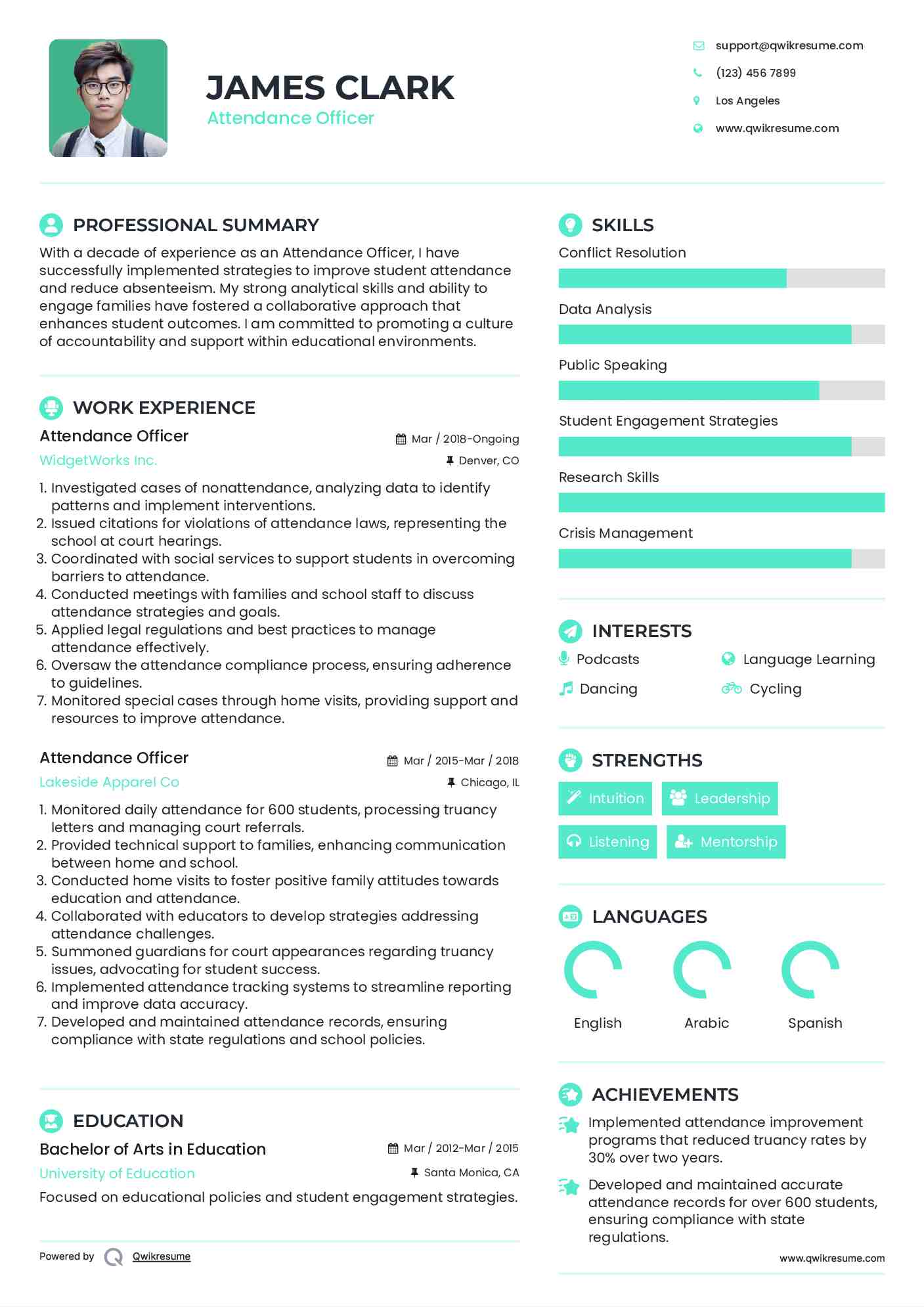 Attendance Officer Resume Example