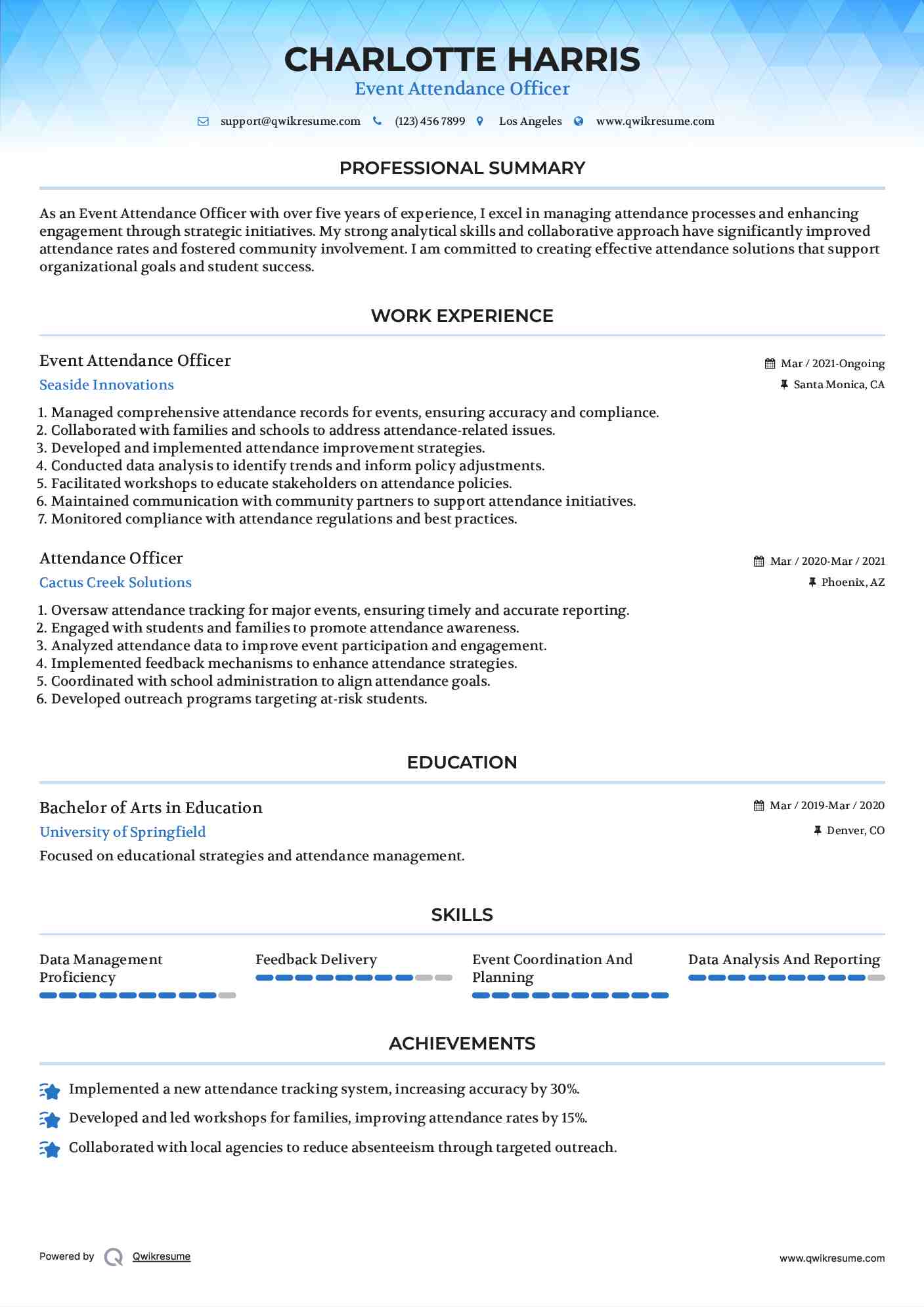 Event Attendance Officer Resume Sample