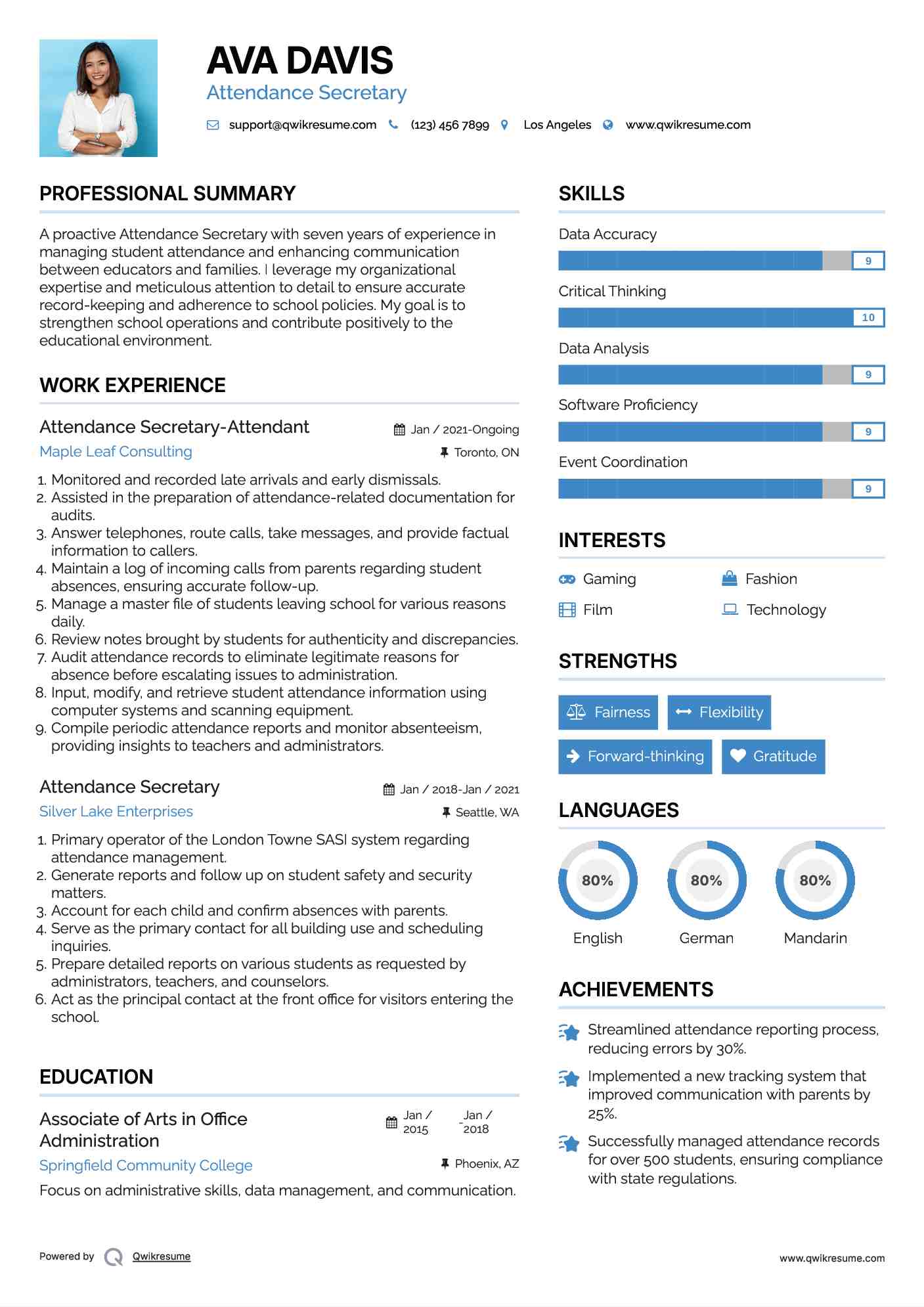 Attendance Secretary-Attendant Resume Sample