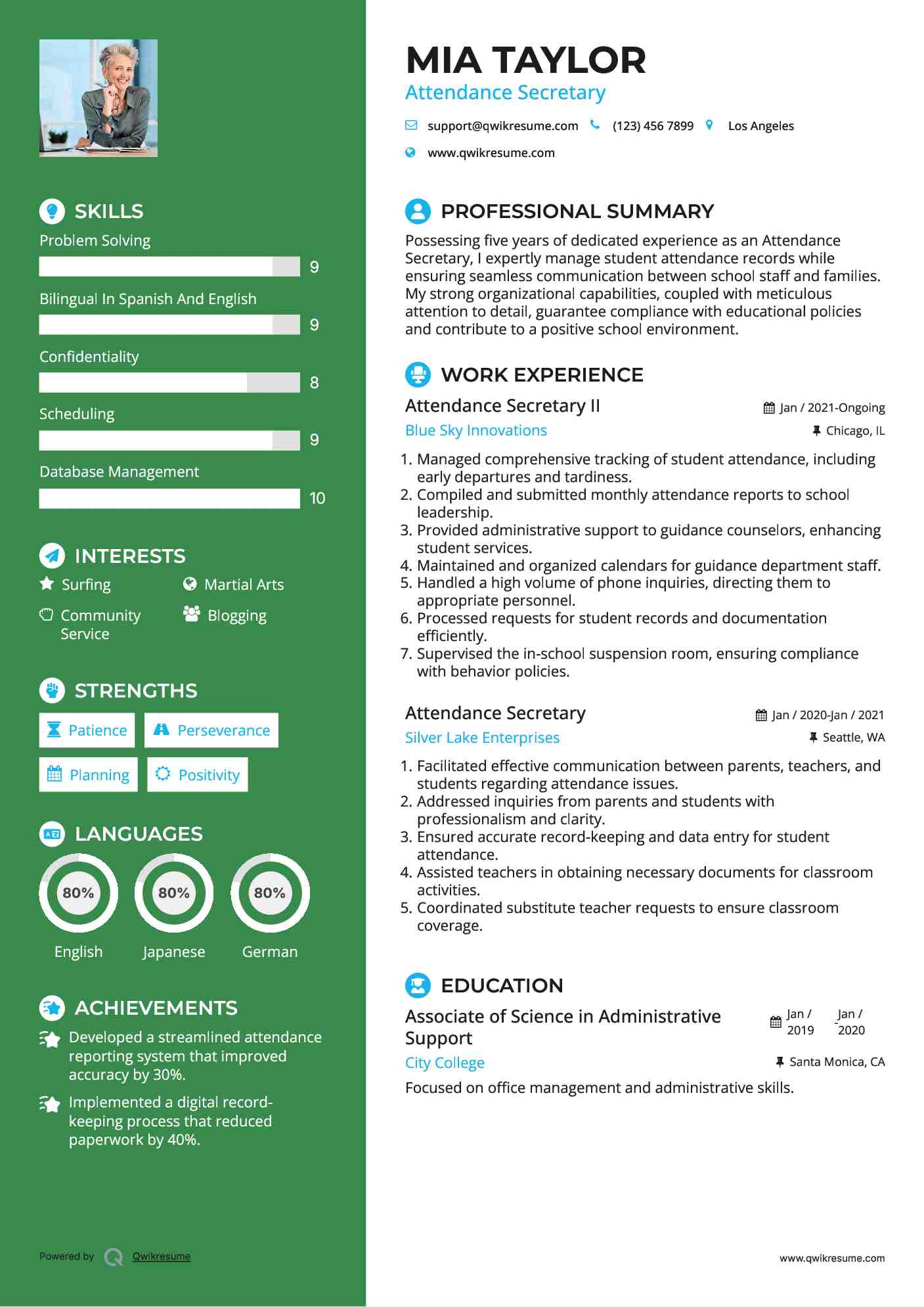 Attendance Secretary II Resume Model