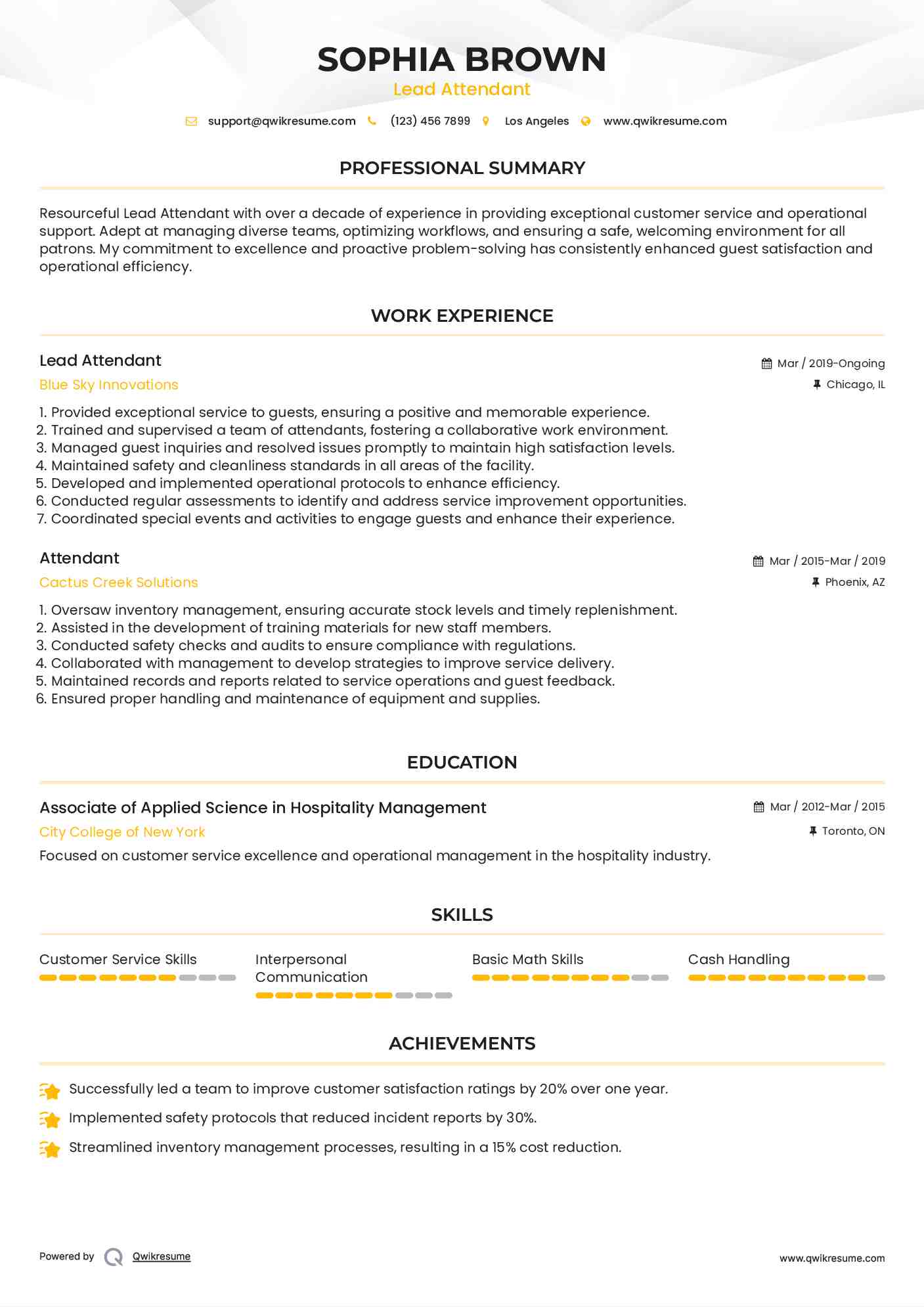 Lead Attendant Resume Example