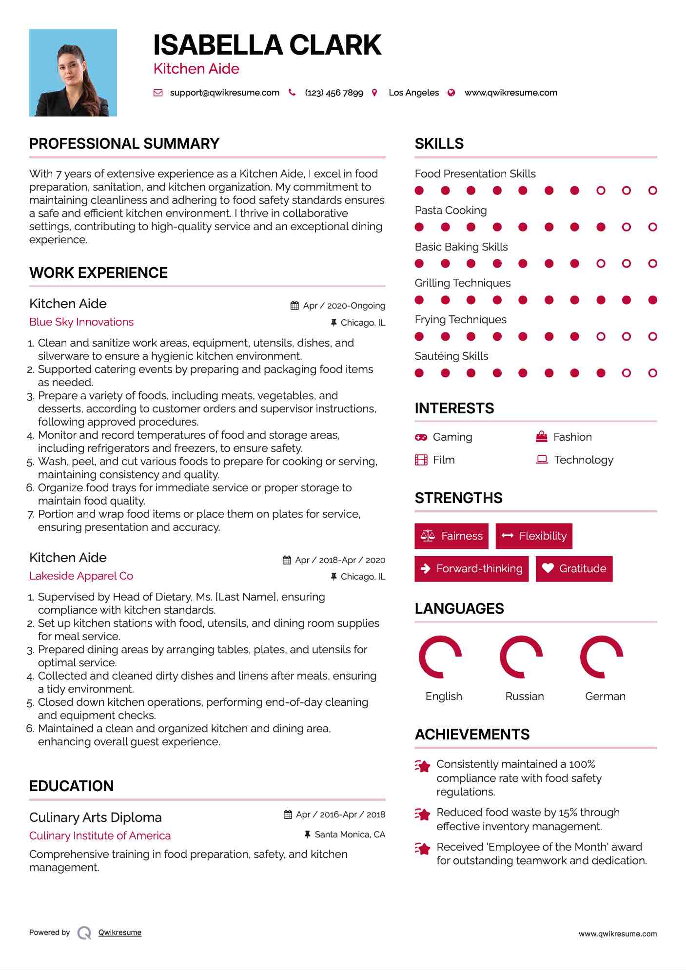 Kitchen Aide Resume Sample