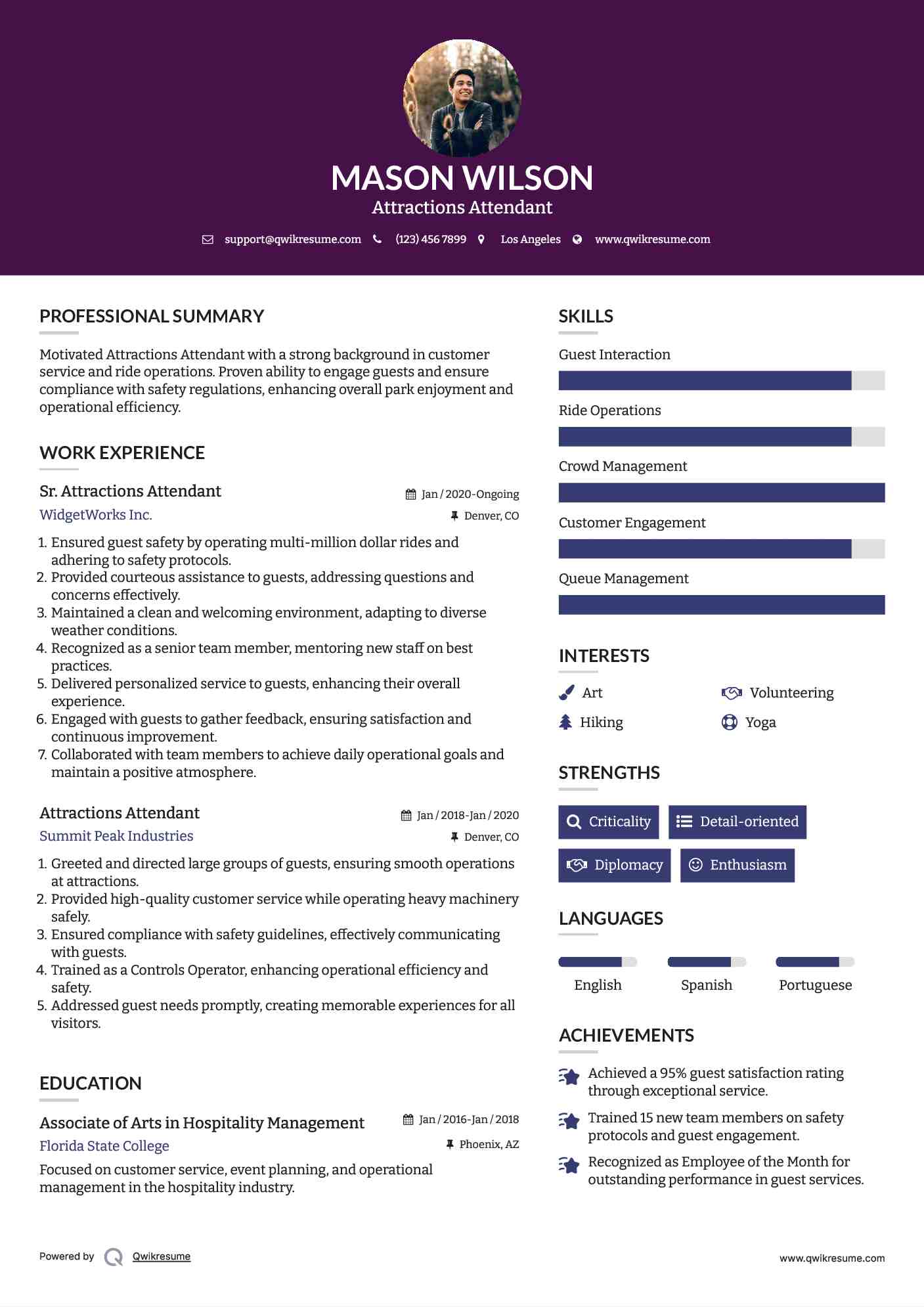 Sr. Attractions Attendant Resume Example