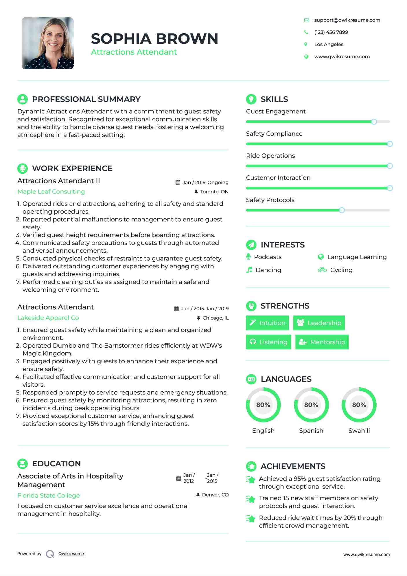 Attractions Attendant II Resume Template