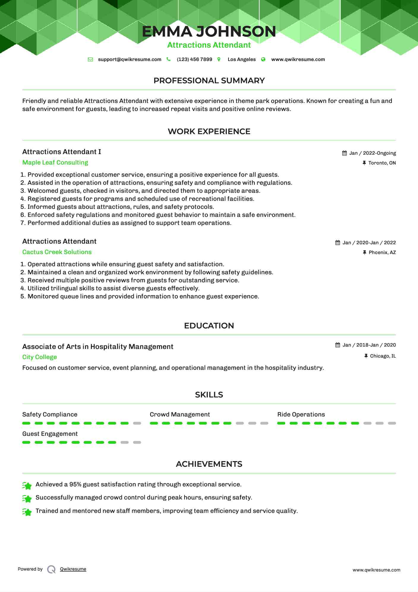 Attractions Attendant I Resume Model