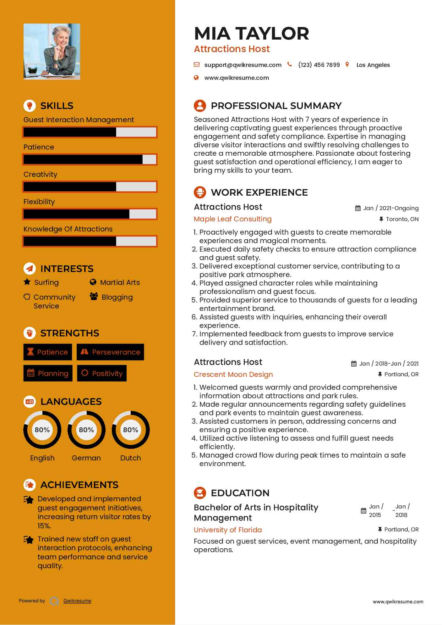 Attractions Host Resume Model