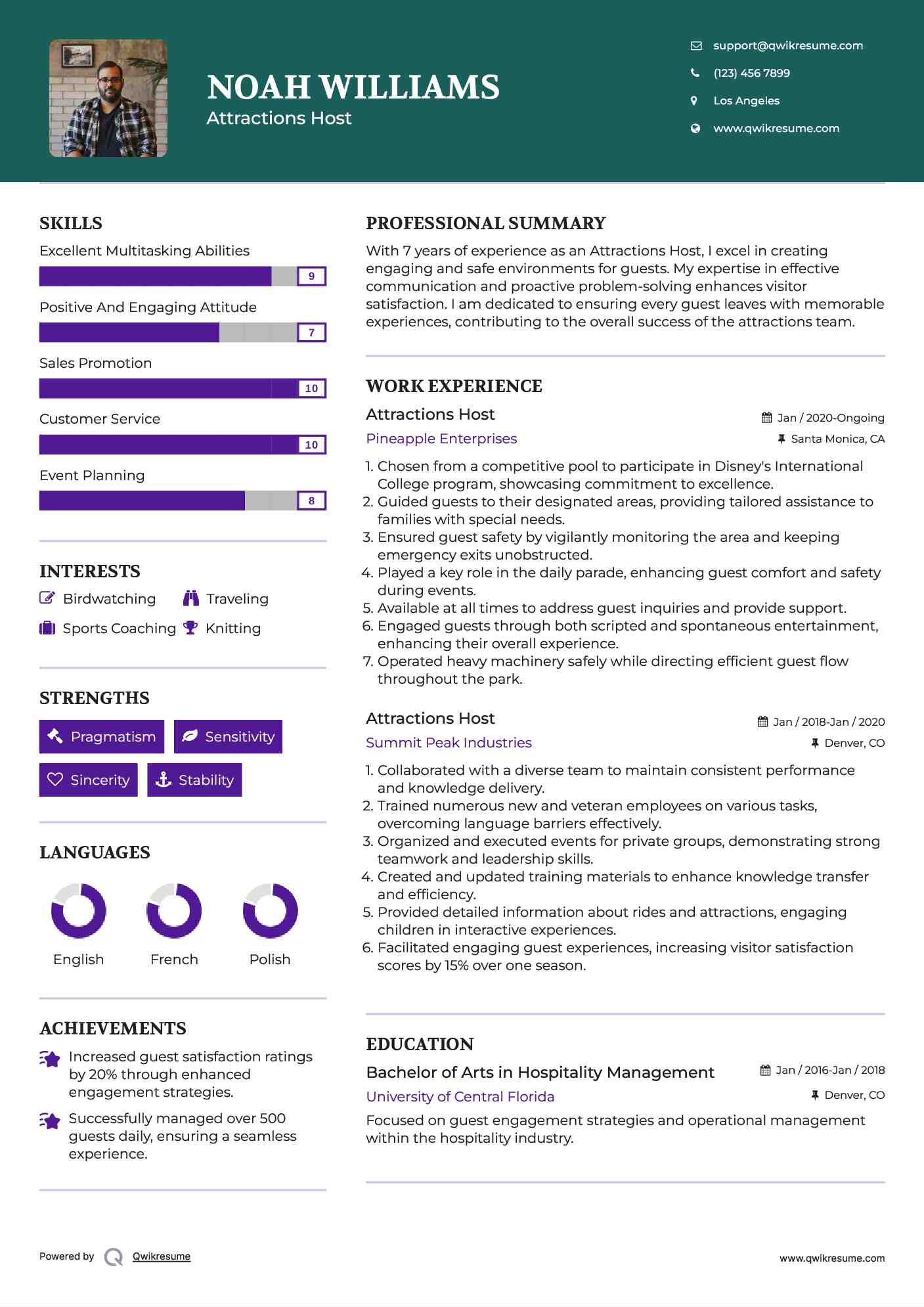 Attractions Host Resume Sample