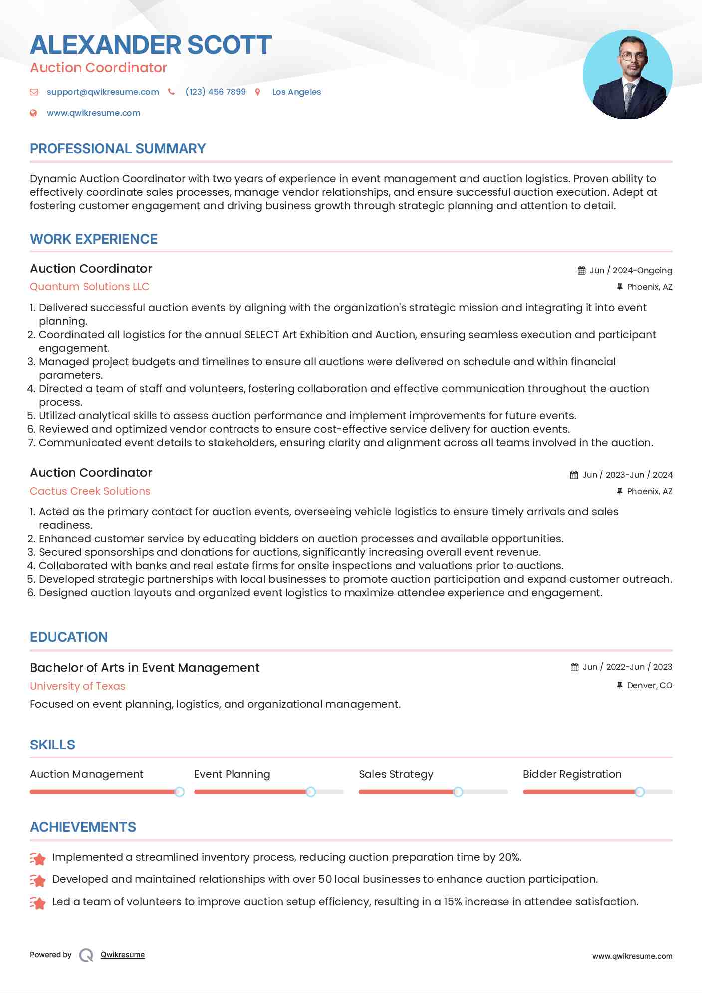 Auction Coordinator Resume Format
