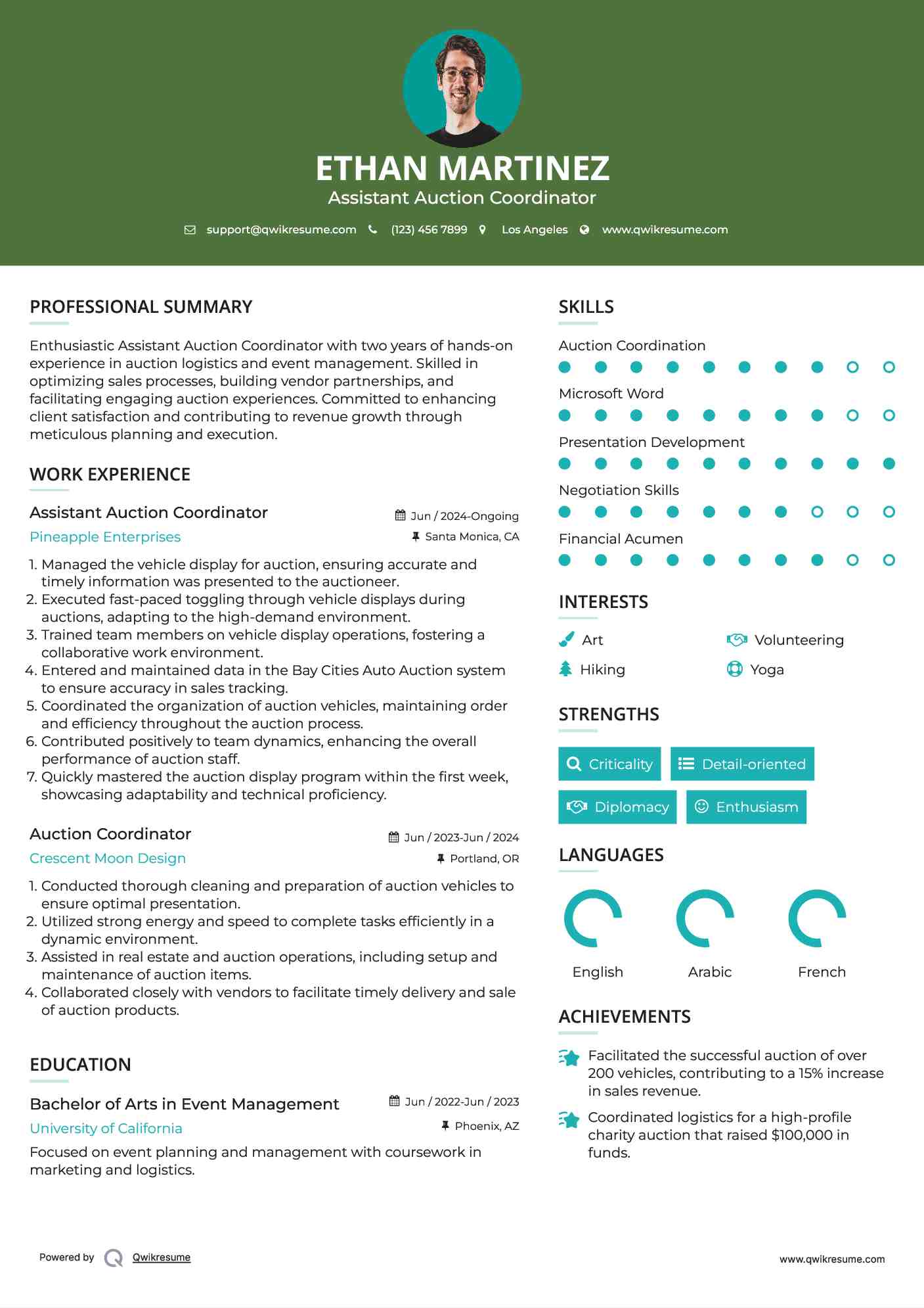 Assistant Auction Coordinator  Resume Model