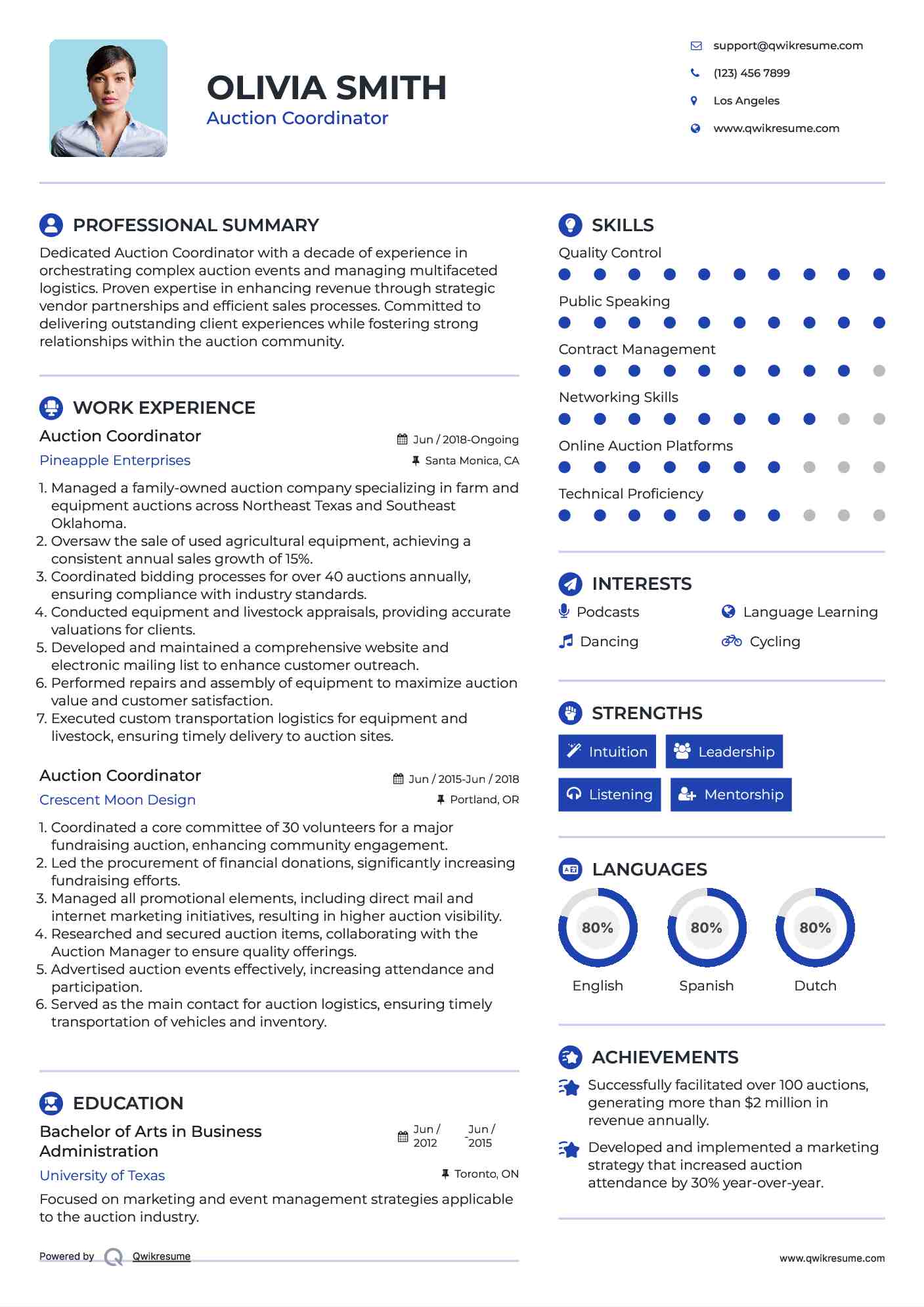 Auction Coordinator Resume Sample