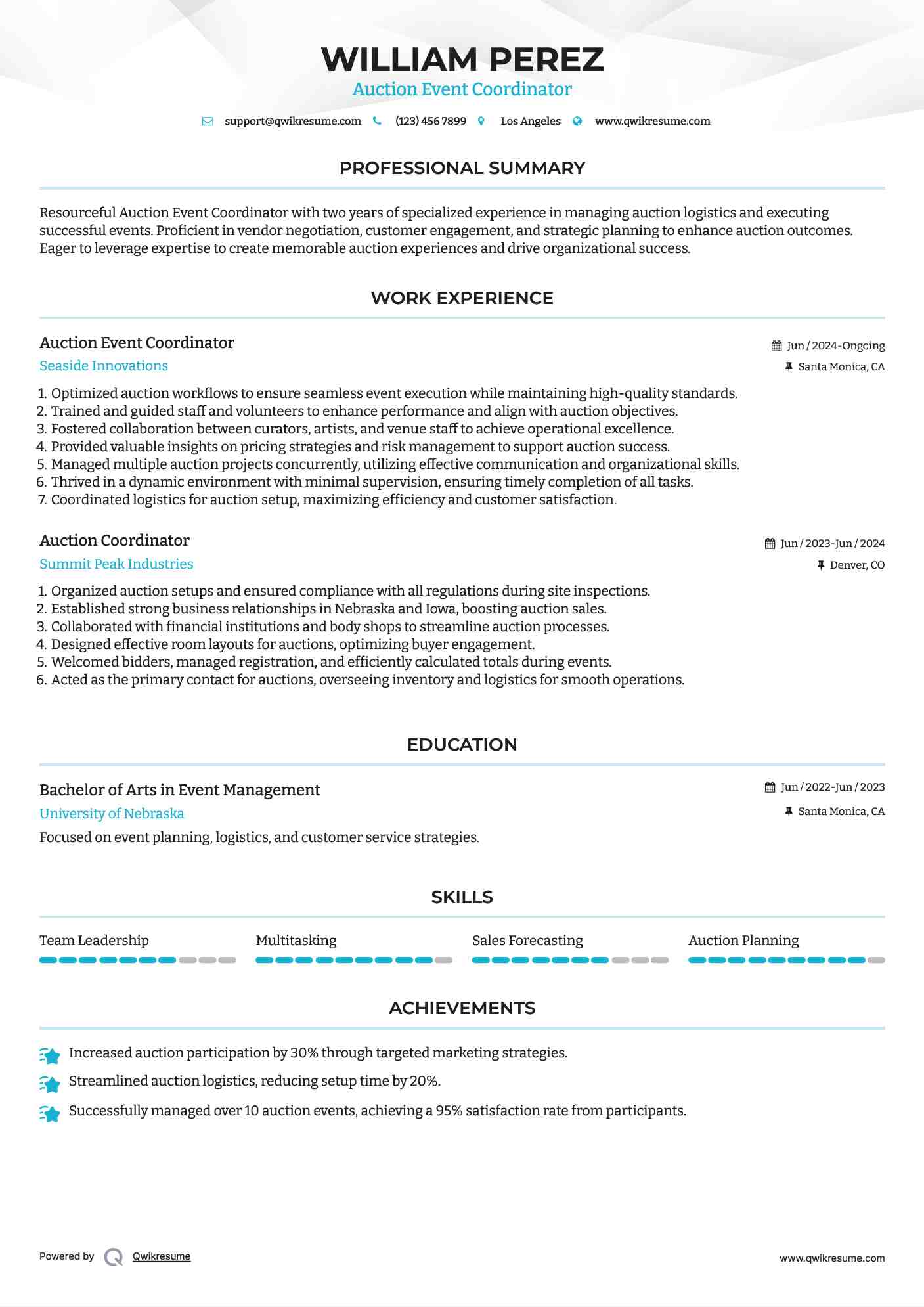 Auction Event Coordinator Resume Template