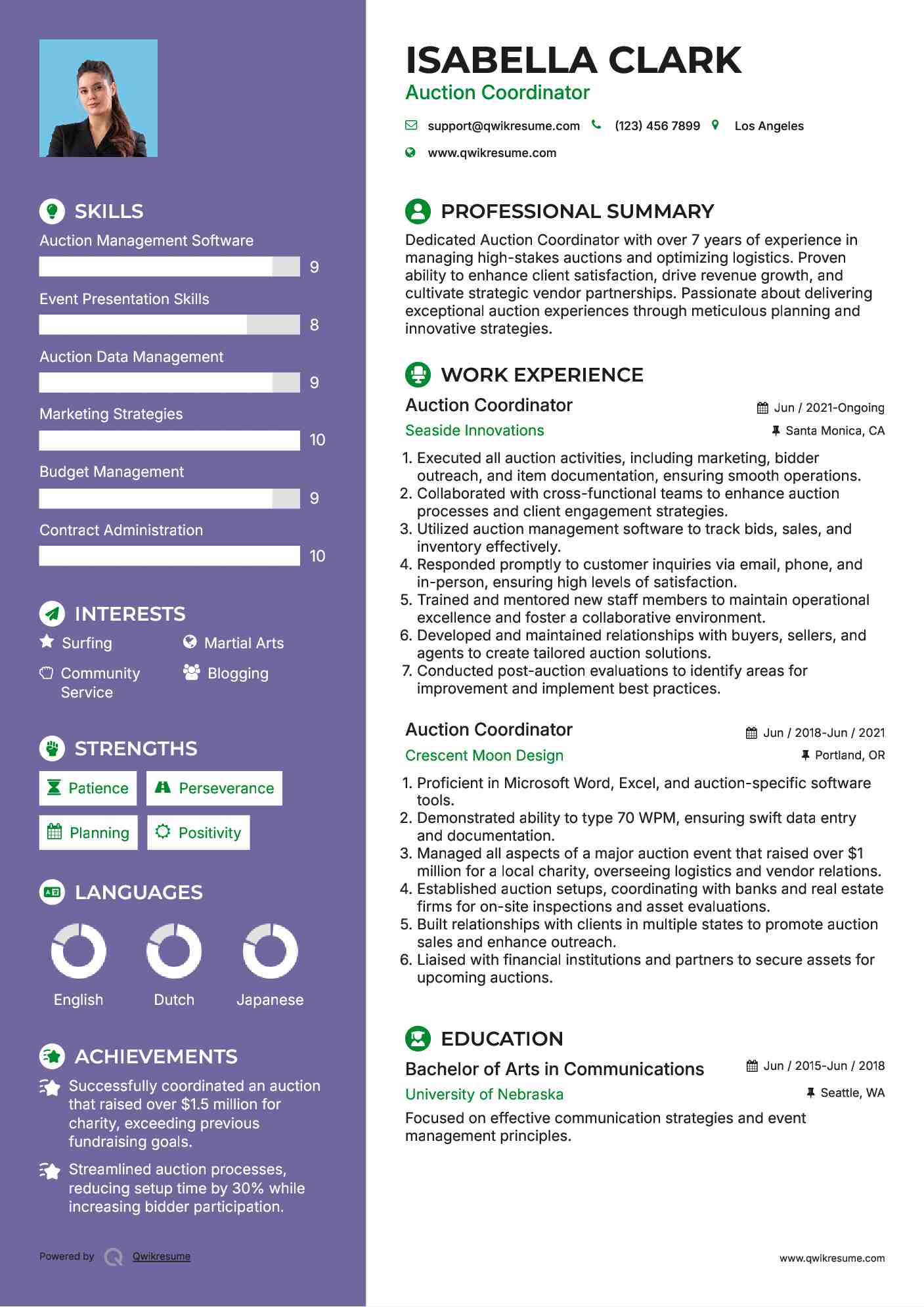 Auction Coordinator Resume Sample